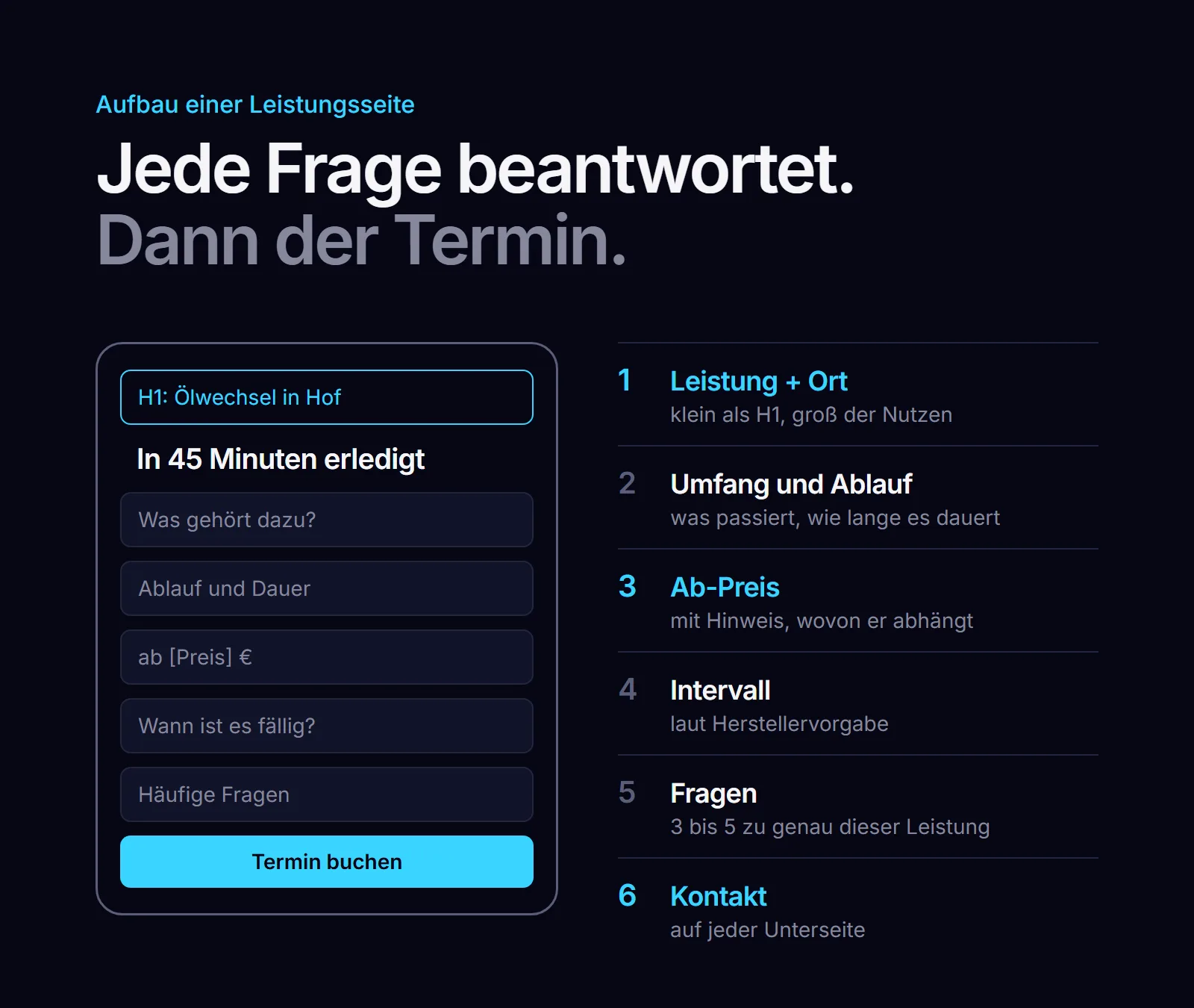 Aufbau einer Leistungsseite für Werkstätten: H1 mit Ort, Ablauf, Ab-Preis, Intervall, Fragen und Kontaktbutton