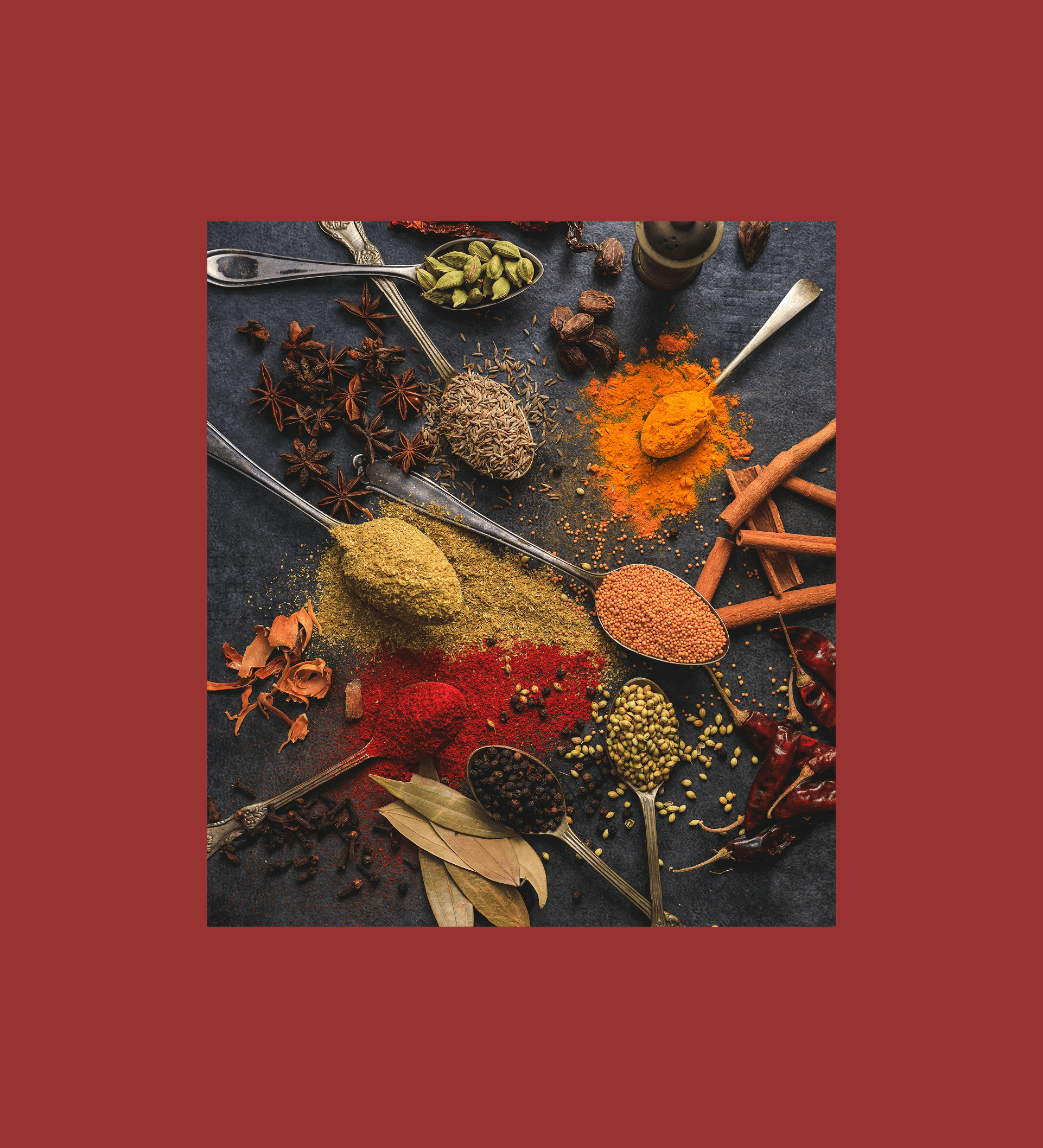 "Assortment of traditional Indian spices including cardamom, cinnamon, star anise, cumin, turmeric, and chili powder. Vibrant, aromatic spices used for authentic Indian cooking.