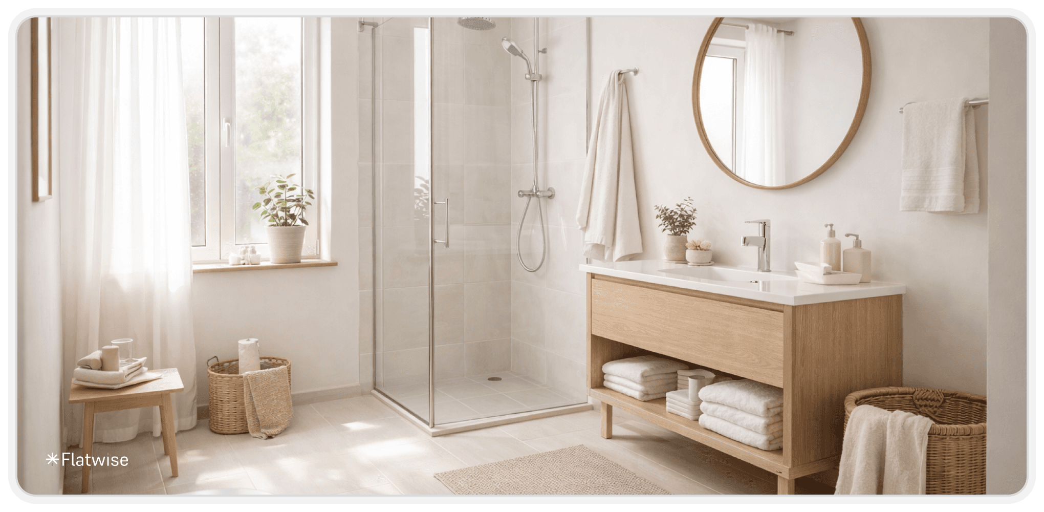 Ein modernes Badezimmer mit Eichenmöbel, einer Dusche sowie Dekoration.