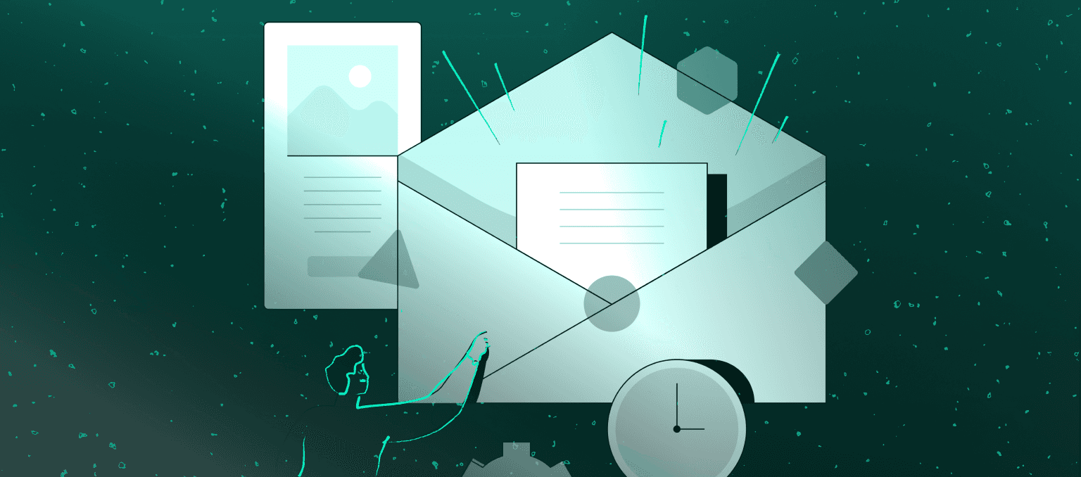 Illustration of an open email envelope with a message and content card, alongside a clock, representing organized and timely email production.