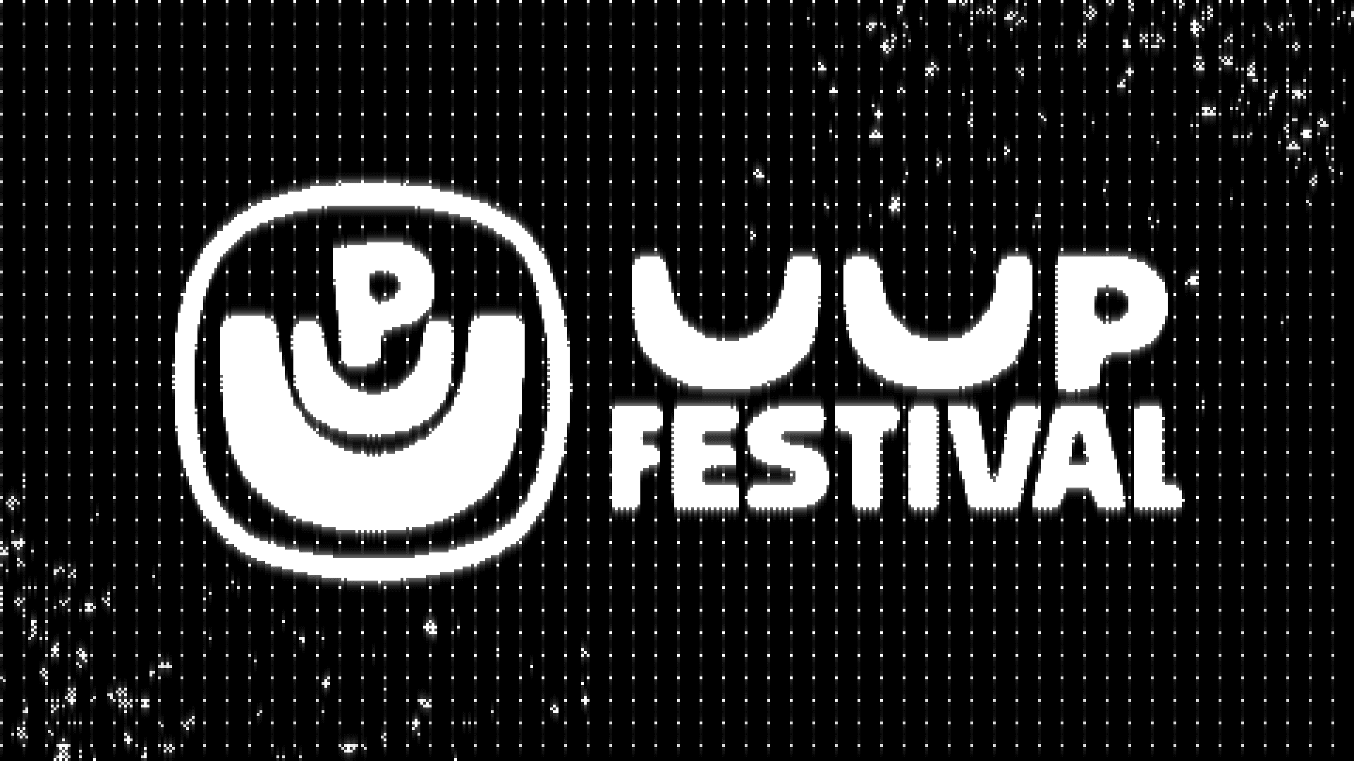 UUP Festival branded hanging banner with logo and "Main Stage" text on red abstract background, suspended from a metal truss at a concert venue