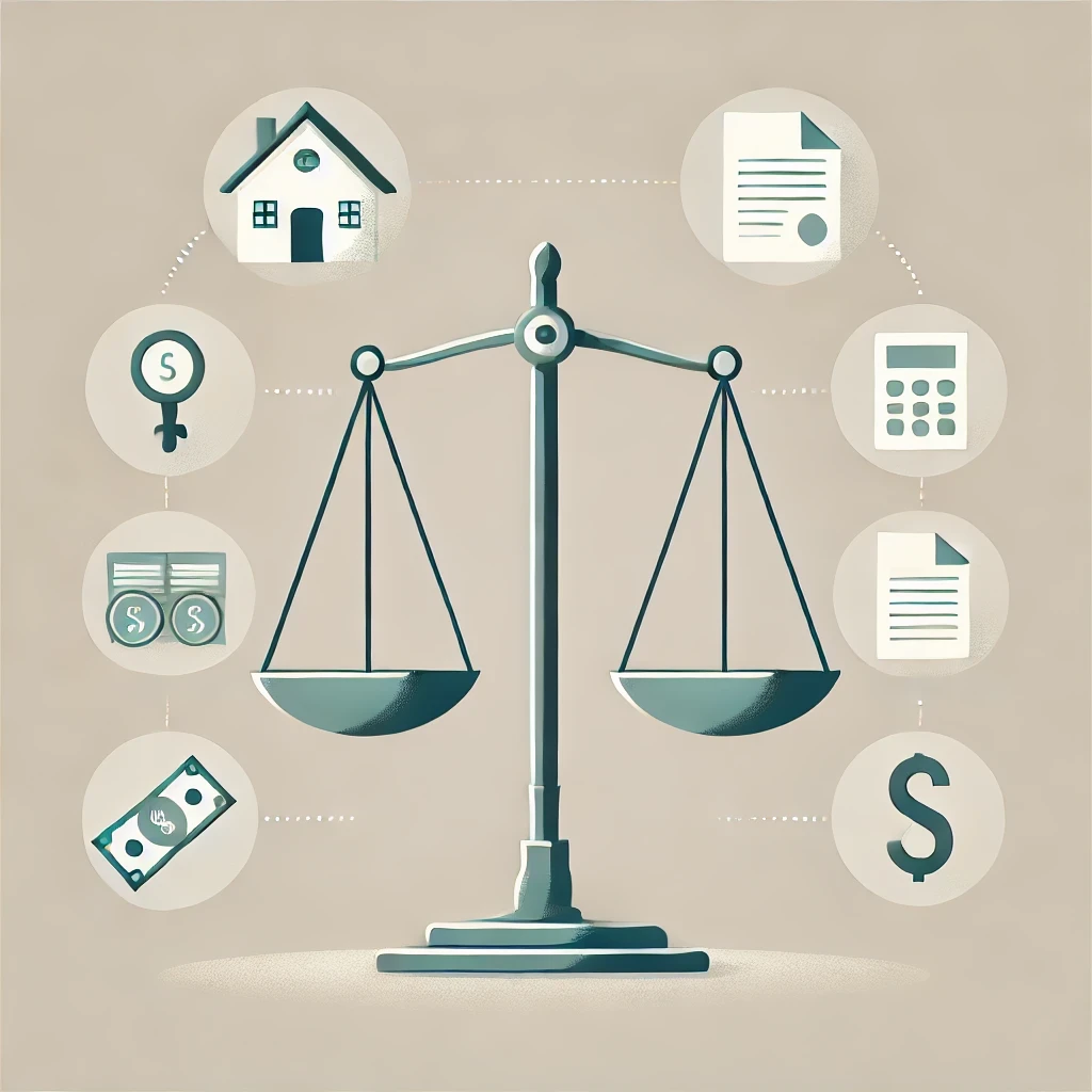 Evlilik süresince edinilen mal varlığının eşit paylaşımını simgeleyen minimalist bir illüstrasyon. Terazinin her iki tarafında da bir ev, para yığını ve belge simgeleri bulunmaktadır. Adil paylaşımı ve finansal dengeyi vurgulayan sade bir arka plan.