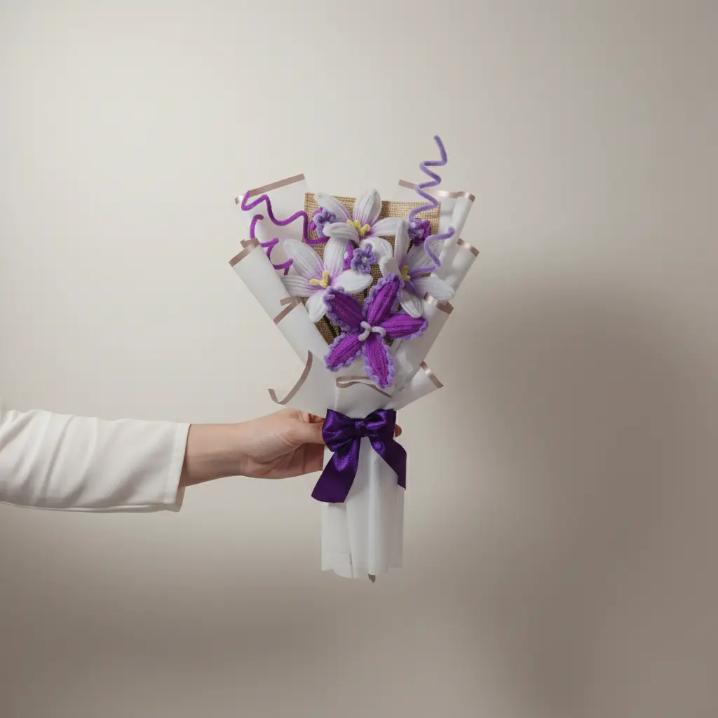 ramo lila sujetado de una mano