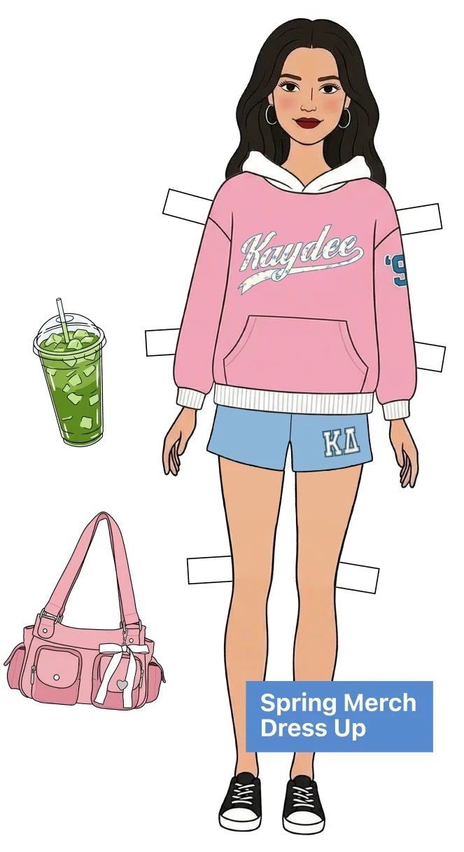 Illustration titled “Spring Merch Dress Up” showing a character in a pink “Kaydee” hoodie and blue shorts, with icons of an iced matcha drink and a pink bag.