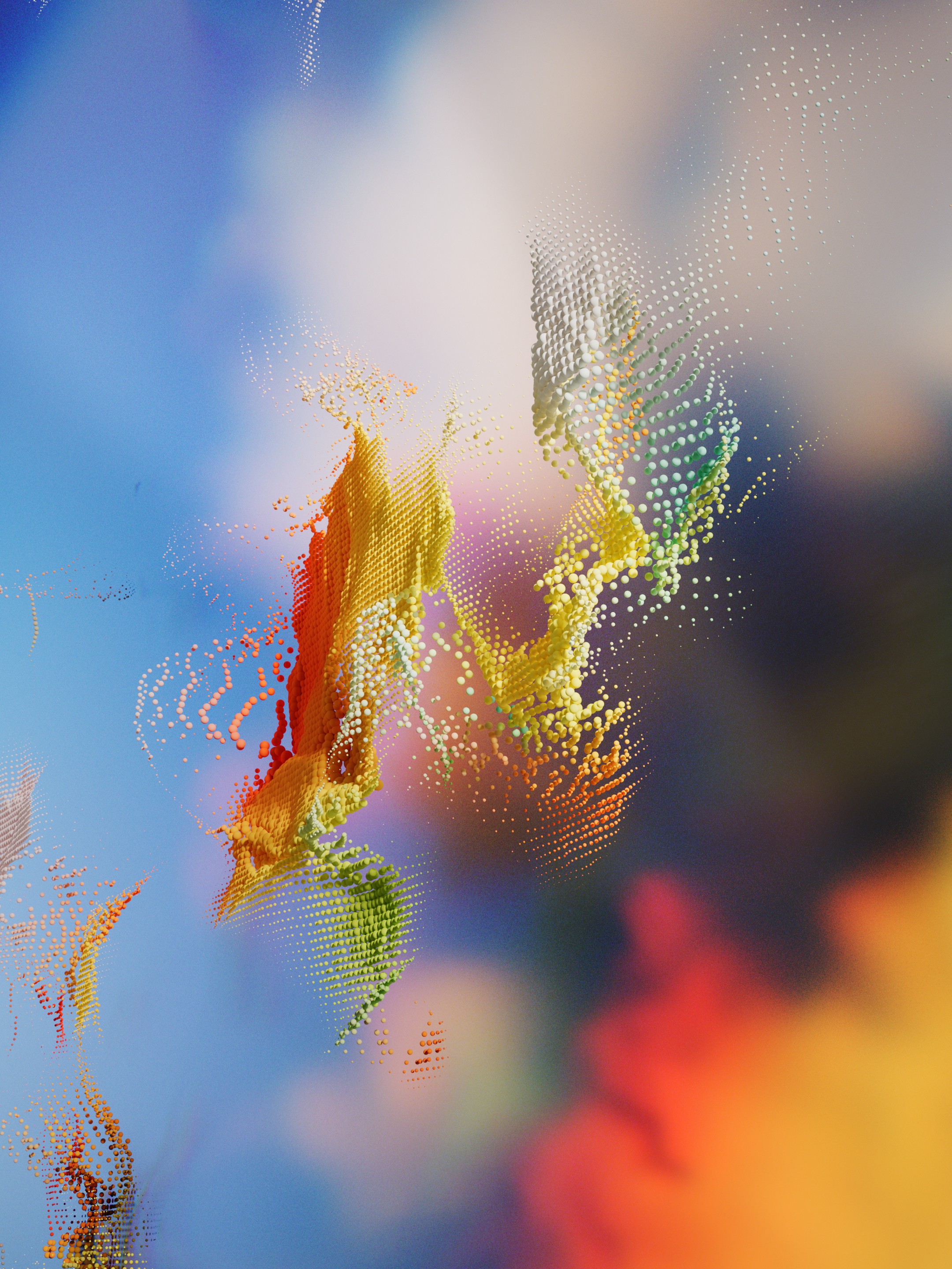 Cinema 4D visualization of a living landscape, with shifting particles and vibrant colors inspired by the geothermal wonders of Yellowstone