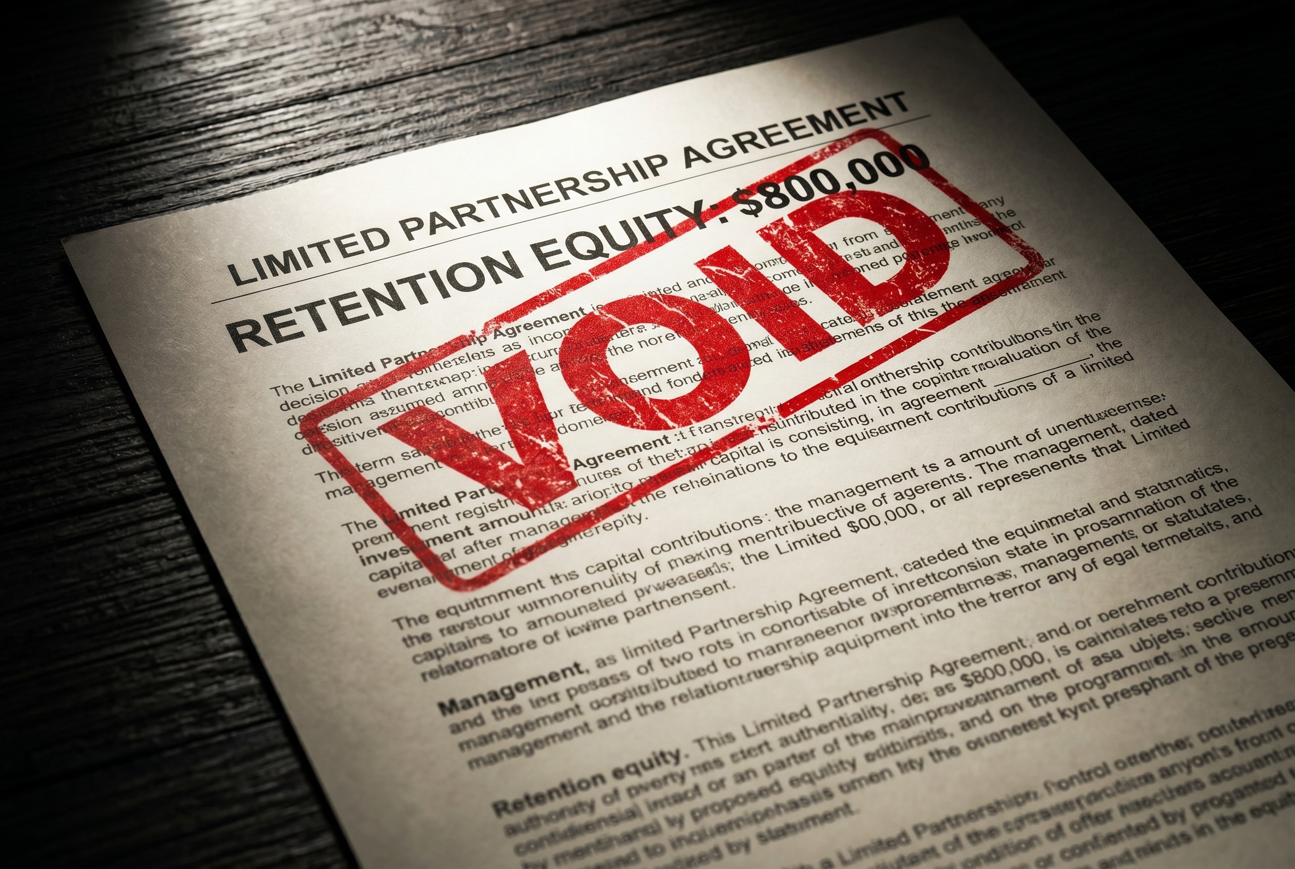 Limited Partnership Agreement document showing retention equity of $800,000 with large red VOID stamp across the page on dark conference table