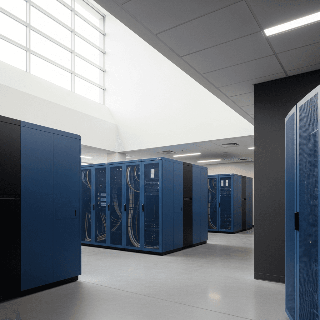 Photorealistic, editorial photography of a modern, secure server room in a healthcare facility. The lighting is natural and bright, coming from a high window. Rows of sleek server racks in brand color #1F3B5B are visible, with minimal cabling. The floor is polished concrete. The overall aesthetic is clean, architectural, and minimal. There is ample empty space in the upper-left third for text overlay. Aspect ratio 16:9. No people, no logos, no text.
