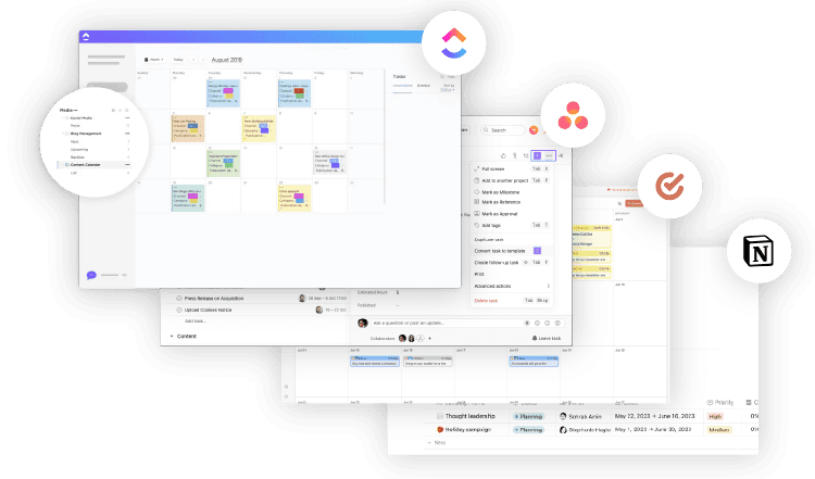 Browser Windows of Clickup, Asana, CoSchedule and Notion, Project Management and Content Calendar Tools