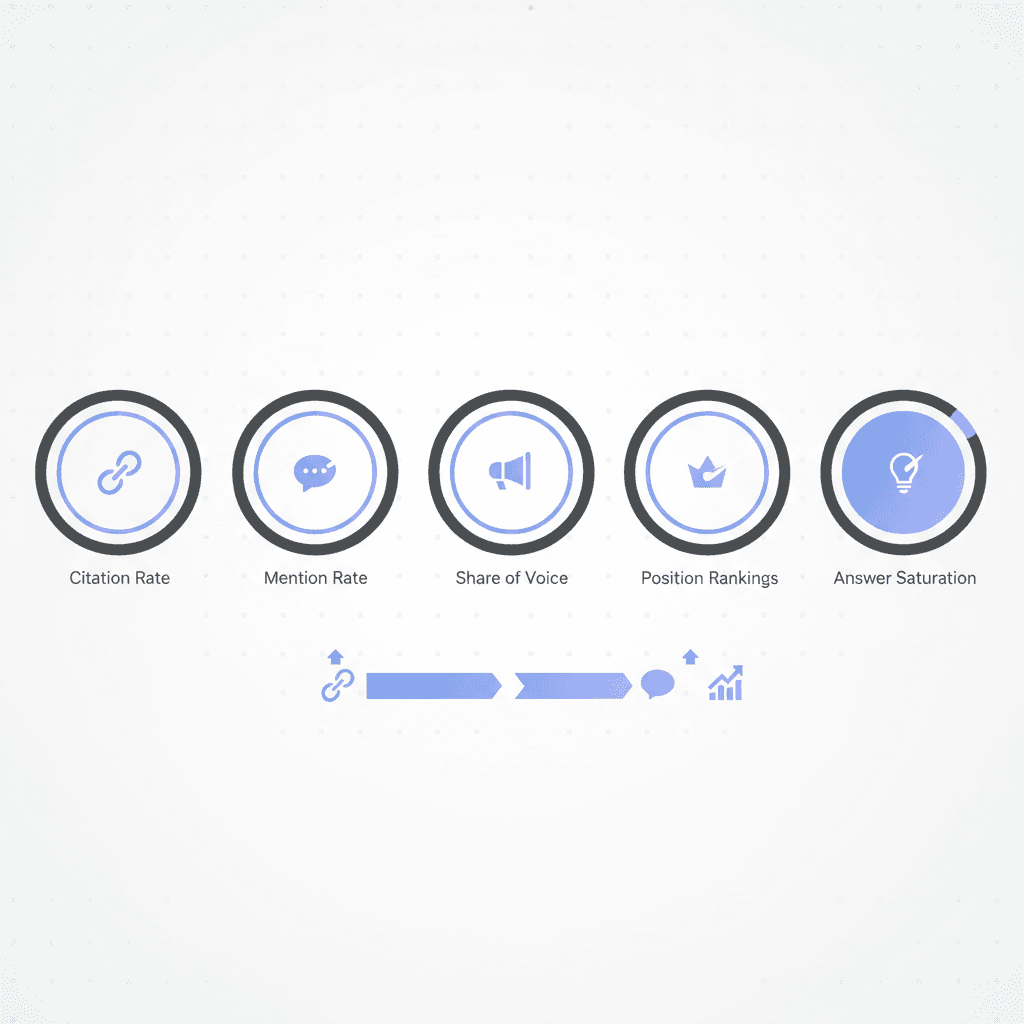 Infographic with five KPI gauges and a timeline arrow highlighting citations as a leading AEO metric