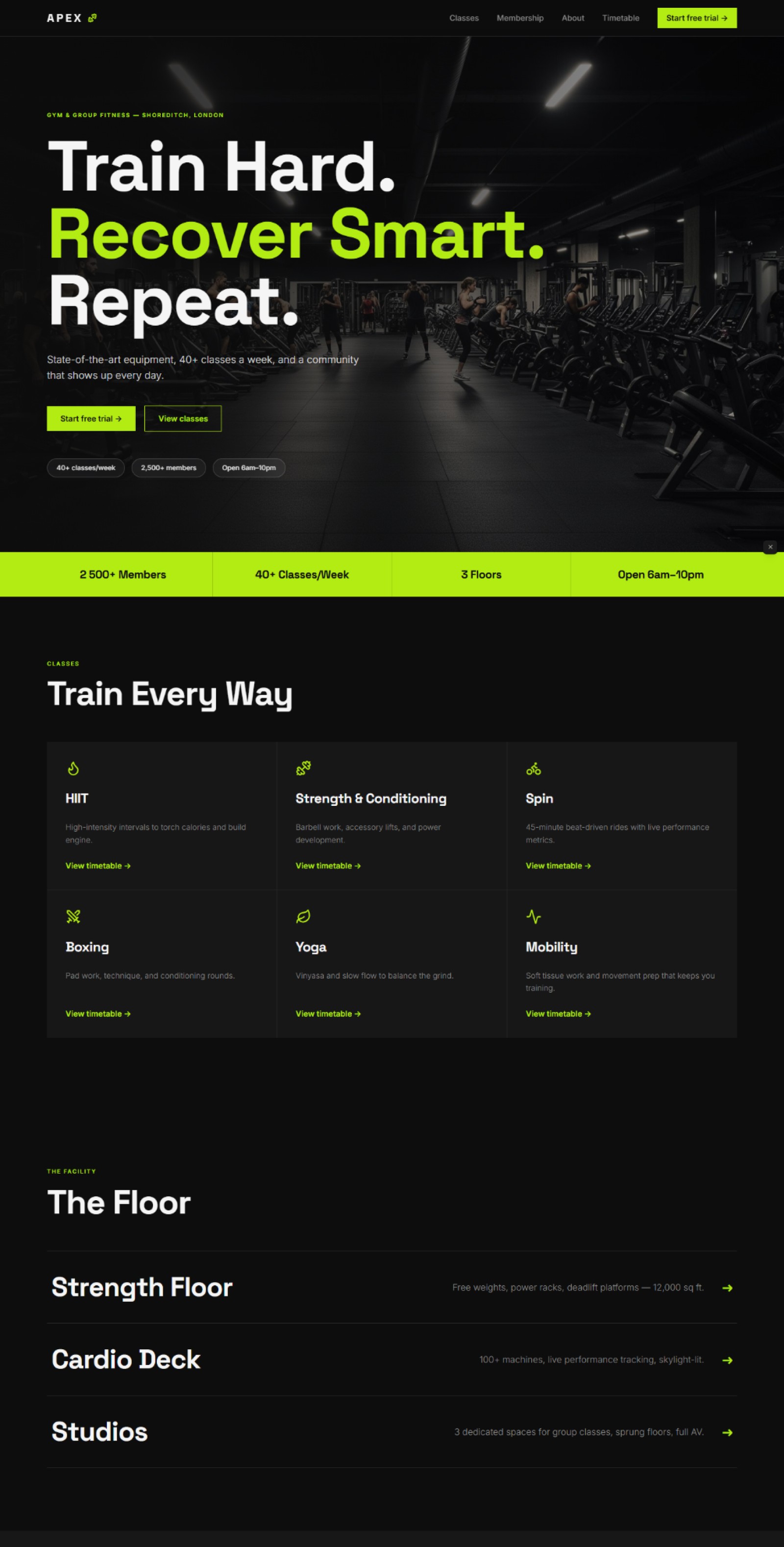Gym website prompt — dark near-black and electric lime gym fitness studio website design preview