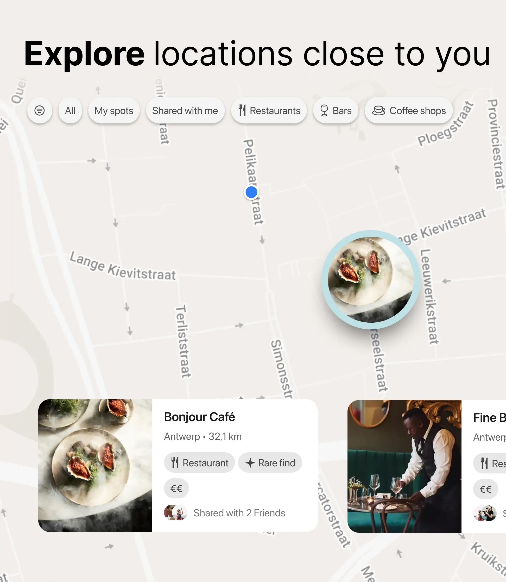 A map view with UI showing nearby locations