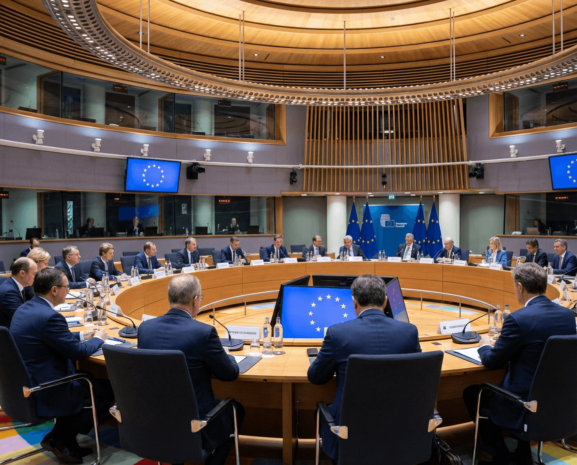 Eurogroup meeting room with officials seated around a large table