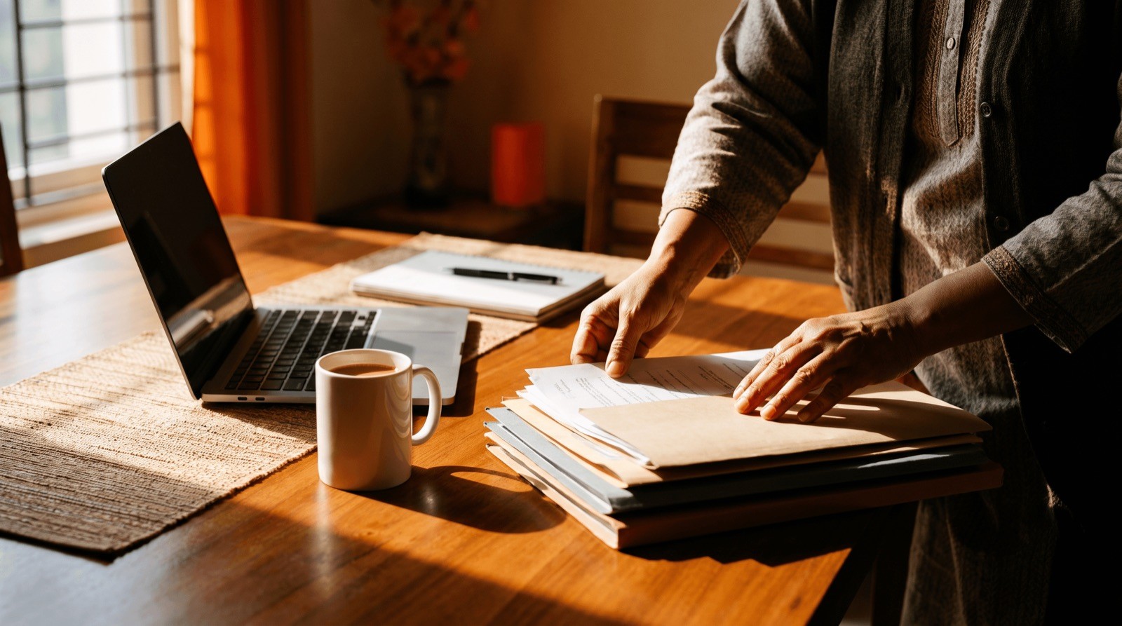 A parent organising school admission documents and paperwork at home