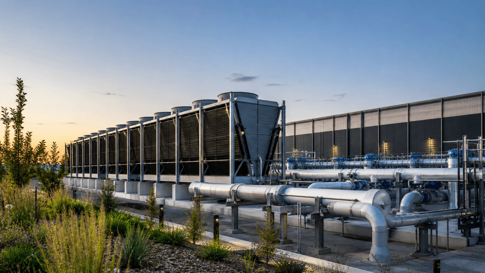 Efficient data-center cooling plant integrated with landscaped surroundings