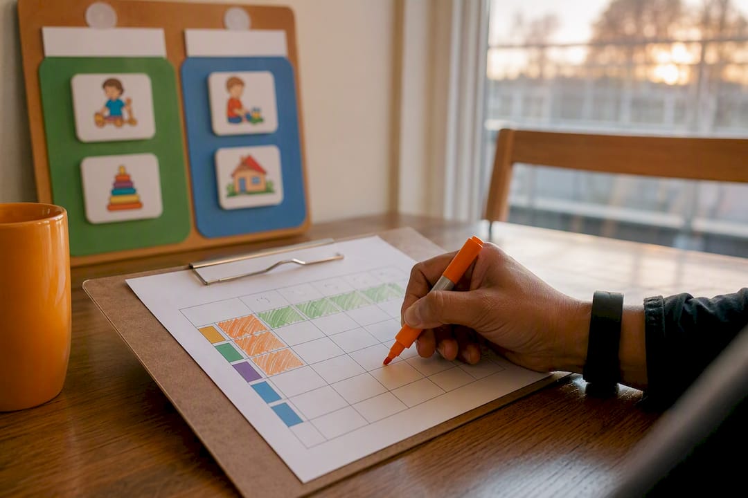 Caregiver marking progress chart near first-then board