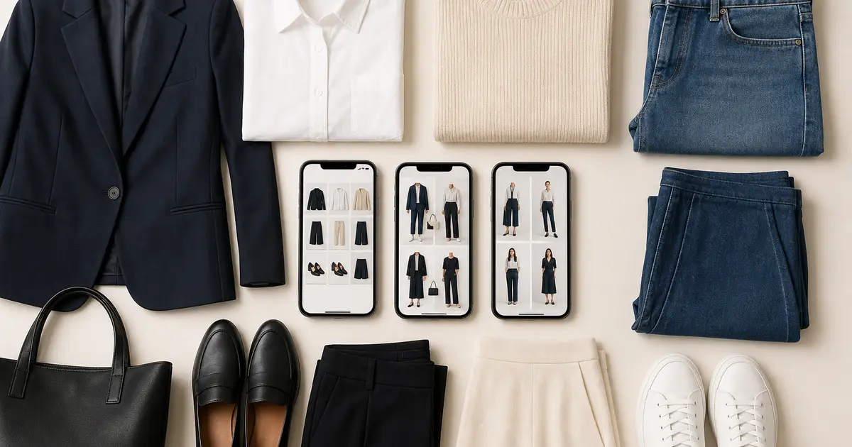 Compact neutral capsule wardrobe around three phones showing closet grids and outfit combinations