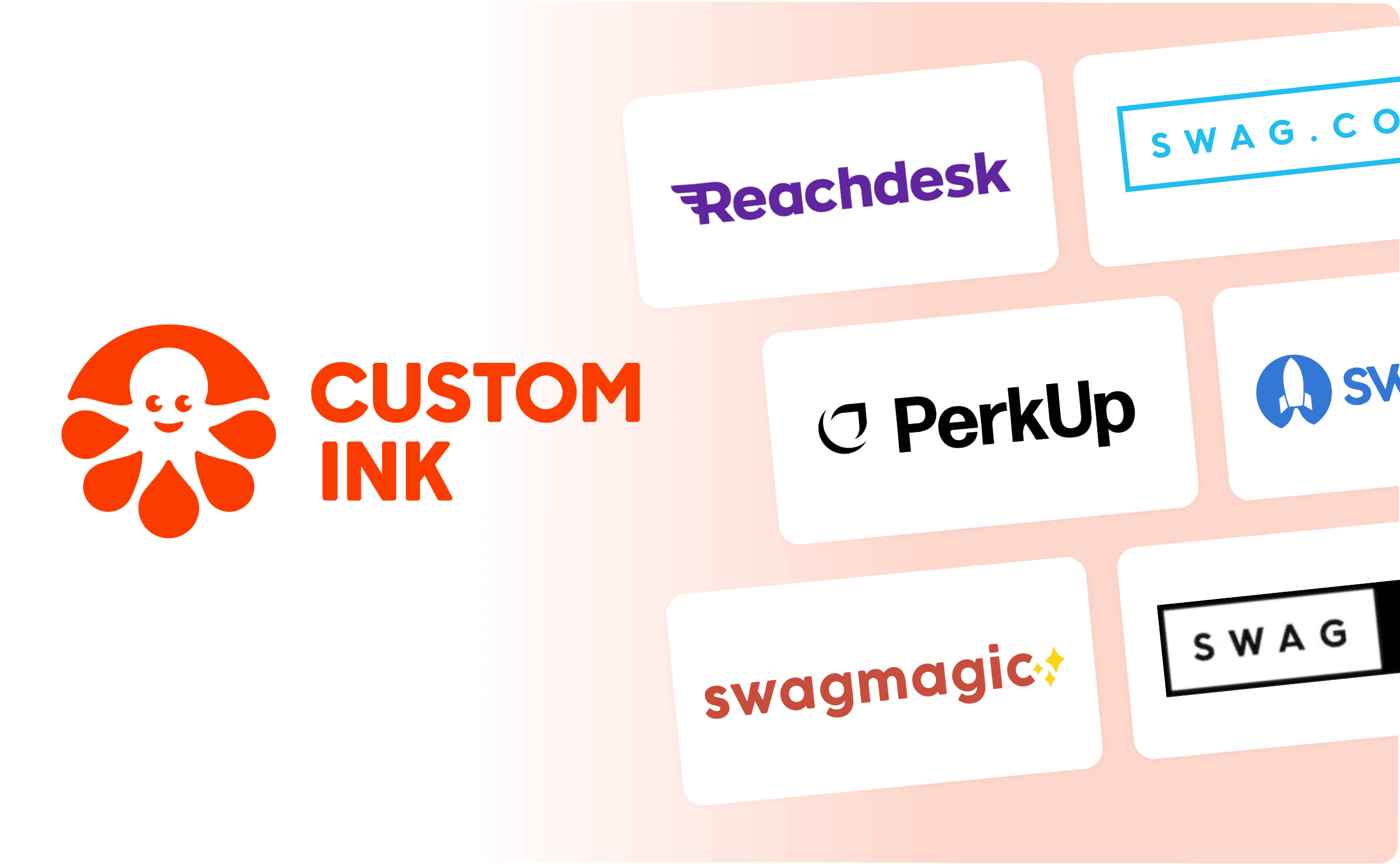 Custom Ink logo and its alternatives: Reachdesk, Swag.com, PerkUp, SwagUp, SwagMagic, and Swag Pro.