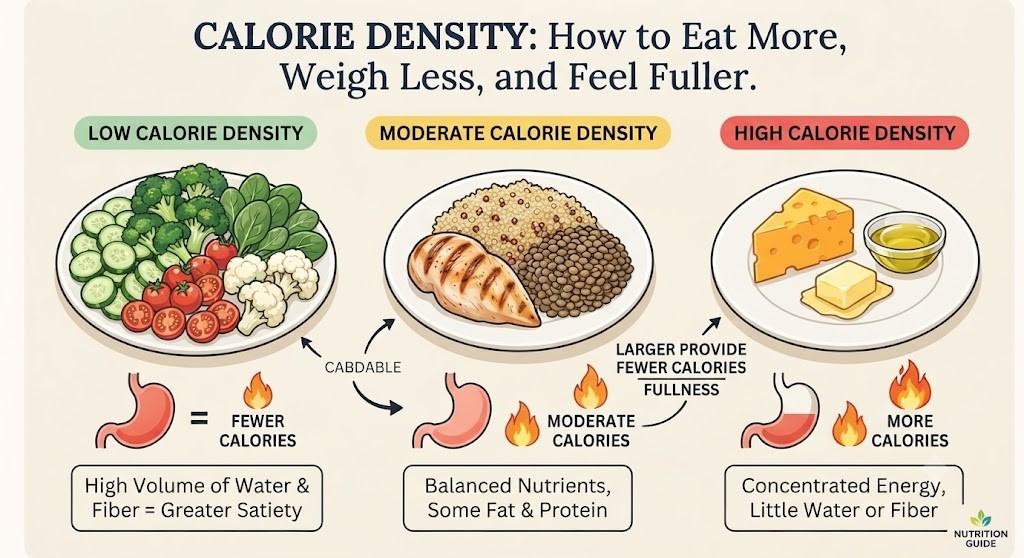 A clear, modern nutrition infographic titled 'CALORIE DENSITY: How to Eat More, Weigh Less, and Feel Fuller'. It uses a clean illustration style with three comparison plates: 'Low Calorie Density' (heaping plate of vegetables), 'Moderate Calorie Density' (balanced chicken, quinoa, lentils), and 'High Calorie Density' (small portions of cheese, butter, olive oil). Icons show stomach fullness relative to calories, emphasizing that large vegetable portions provide fewer calories but greater satisfaction.