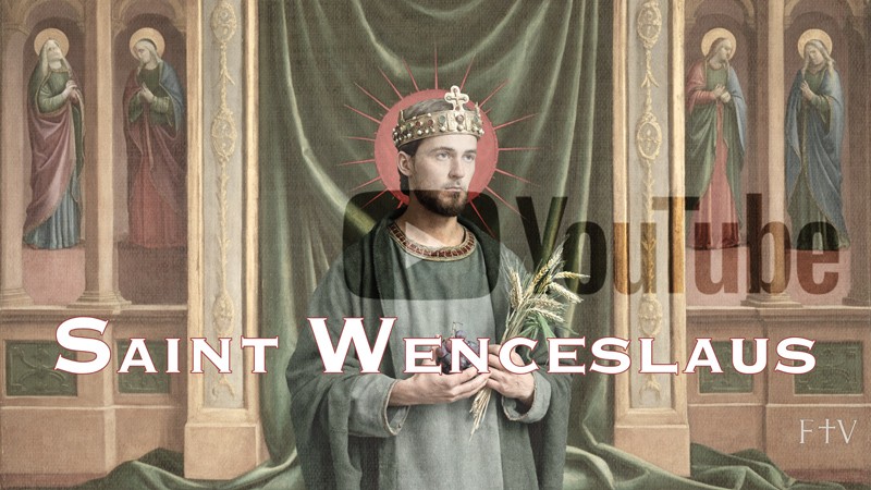 Sacred artwork by Faith and Verse. © Faith and Verse, 2025. All rights reserved. Traditional Catholic art—portrait of Saint Wenceslaus, holding grapes and barley as symbols of the Eucharist and daily bread, shown before a frescoed wall of saints with a green draped cloth behind him, veiled YouTube play marker blended softly into the composition.