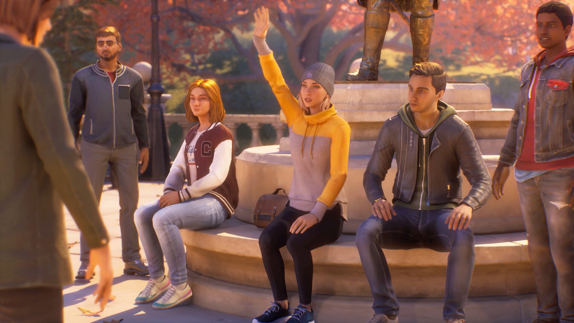 Groupe d’étudiants discutant dans Life is Strange Reunion avec ambiance réaliste et interactions sociales importantes