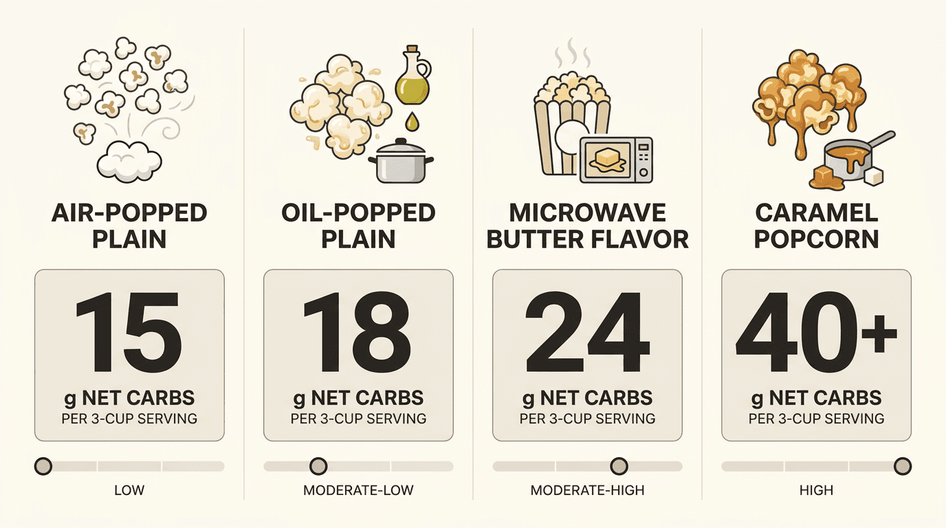 Comparison infographic showing net carbs in air-popped, oil-popped, microwave, and caramel popcorn