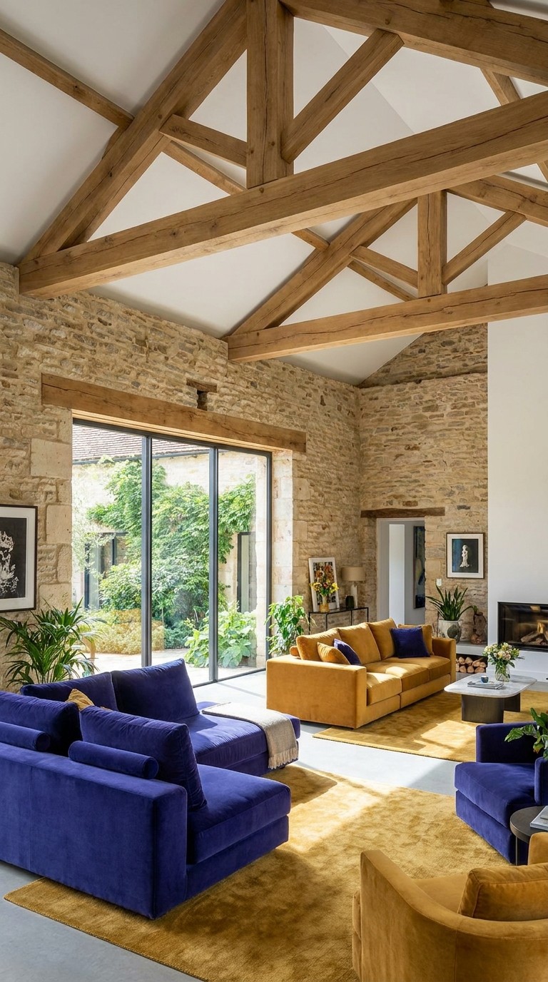 A double-height living room featuring original exposed stone walls, a contemporary timber roof, and modern furniture in vibrant indigo and ochre.