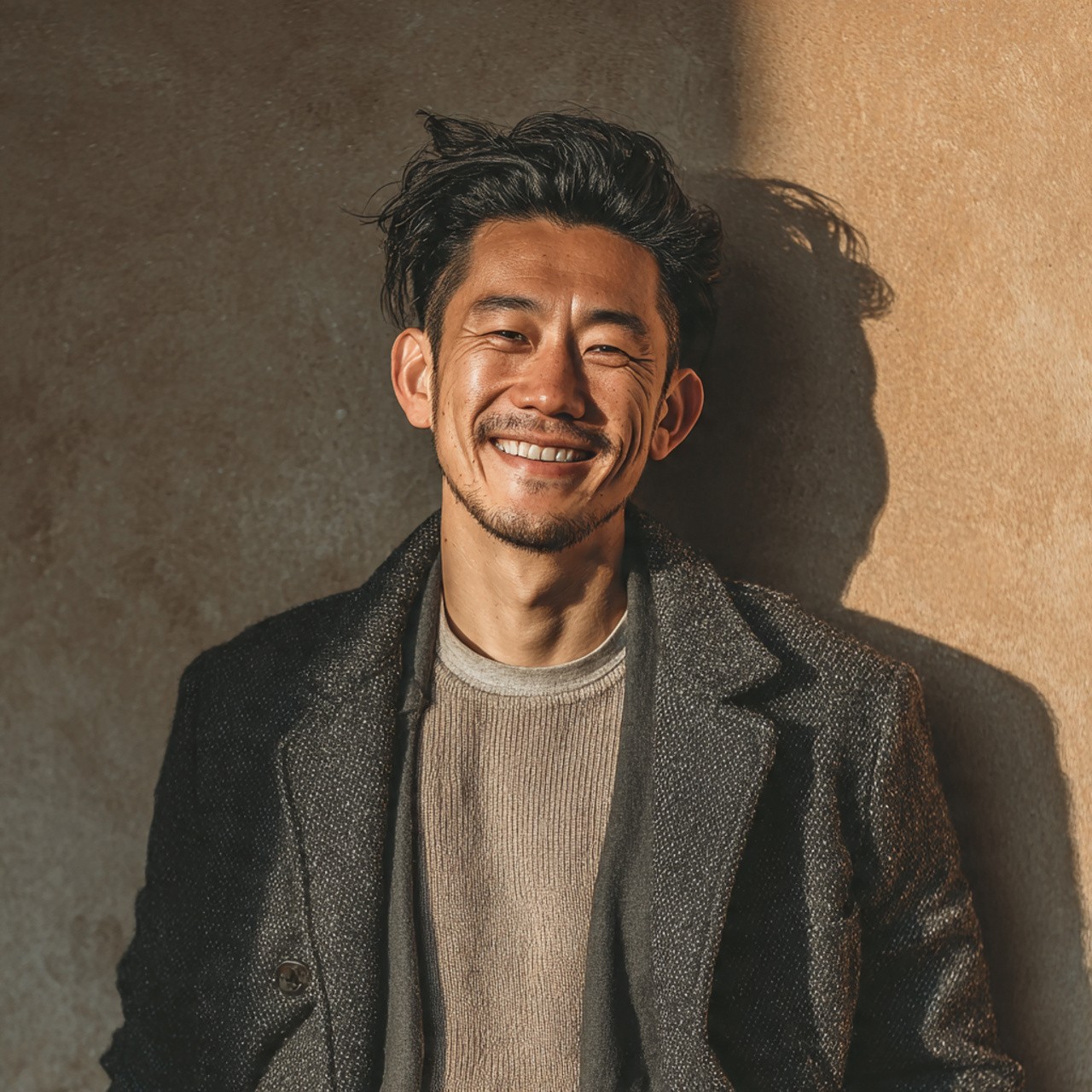 A young man in a coat smiling by looking infront