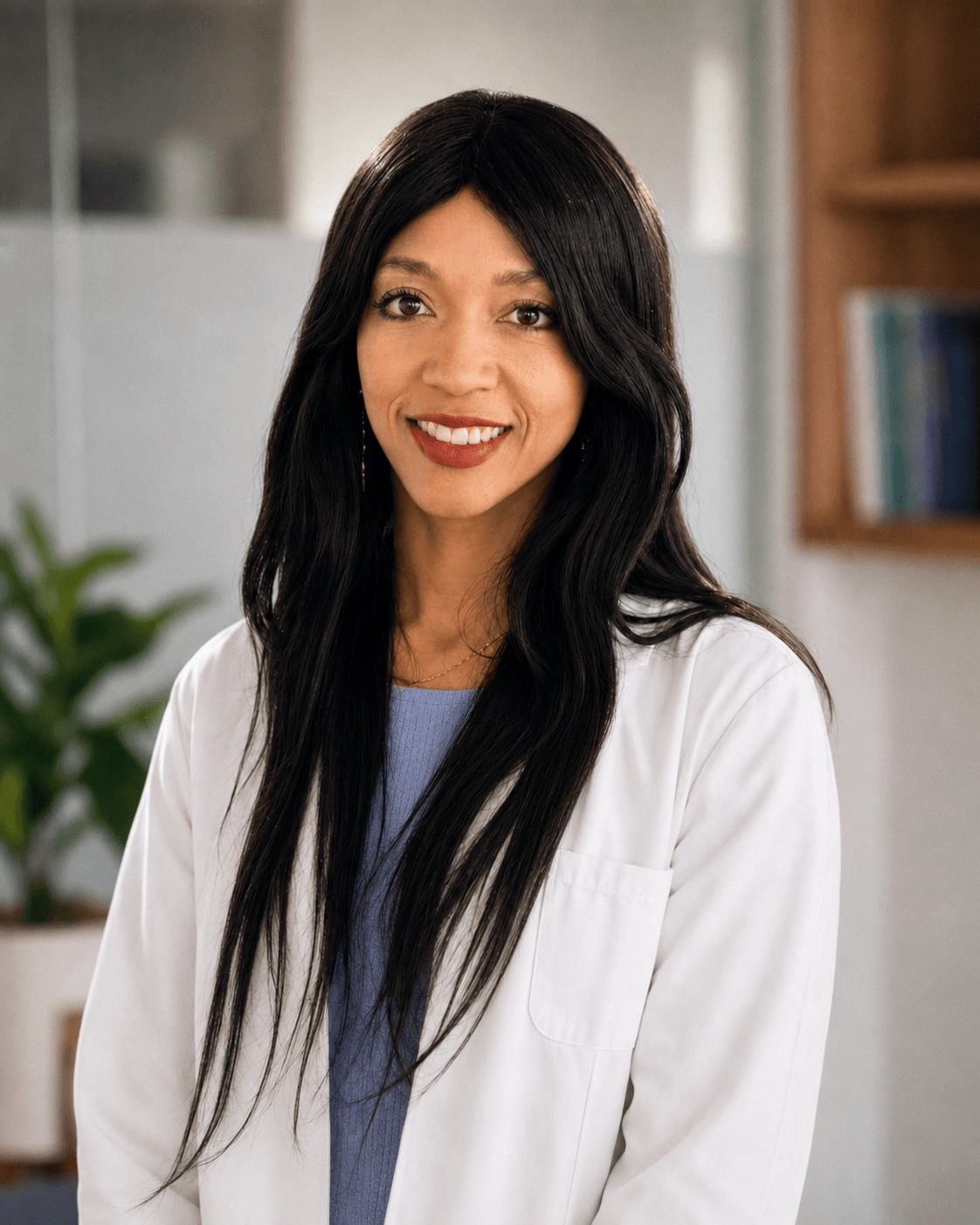 Smiling male doctor wearing a white coat and stethoscope, standing in a clinic setting with plants in the background.