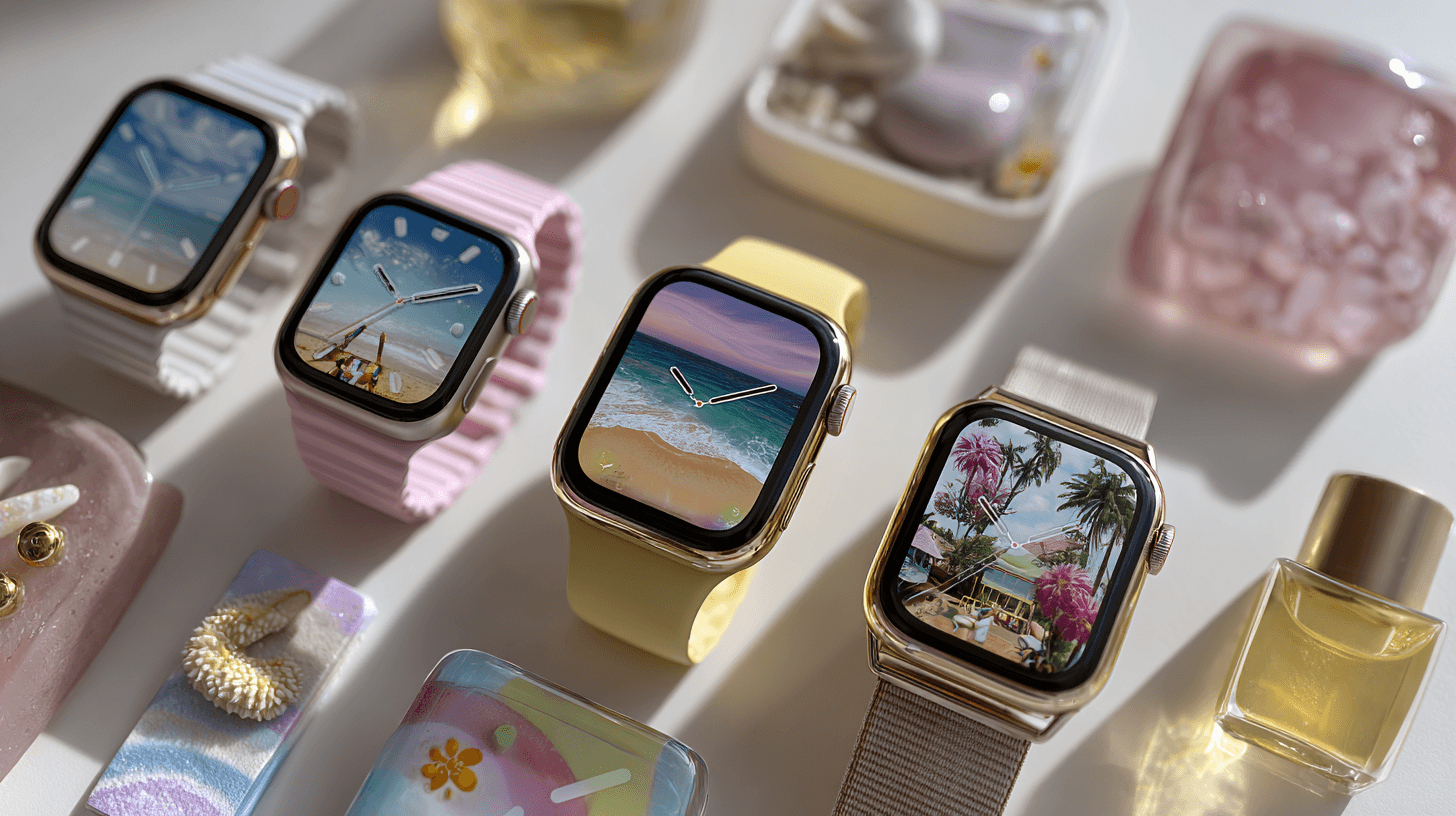 Editorial summer Apple Watch header image featuring aesthetic seasonal watch faces with pastel gradients, beach scenes, playful patterns, and minimalist glowing designs for 2026