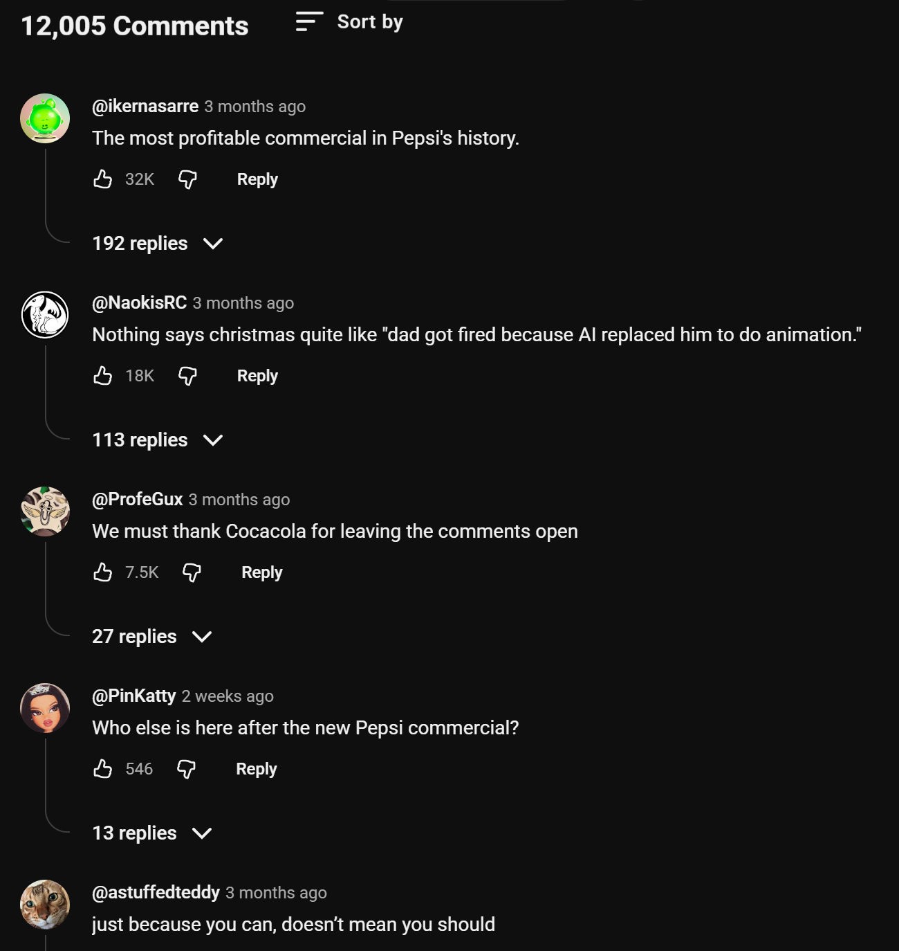snapshot of negative comments under the Coca-Cola Christmas ad on YouTube