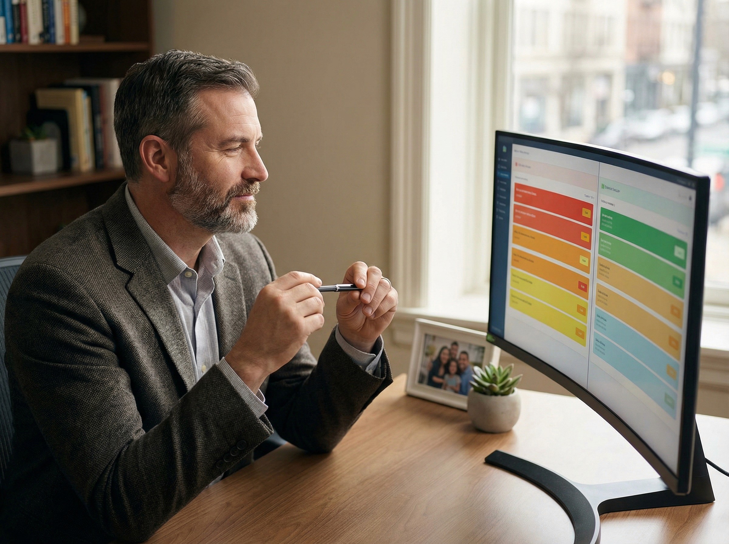 A risk and compliance manager in his late 40s sitting at a desk in a quiet, well-lit office, holding a pen horizontally between both hands and looking at a wide monitor with the expression of someone comparing two things side by side. The monitor shows a split-view interface — two columns of coloured risk indicators, one noticeably warmer-toned and the other shifted toward greens and ambers — but the content is not legible. His posture is still and considered: elbows on the desk, pen held loosely, weight slightly forward.