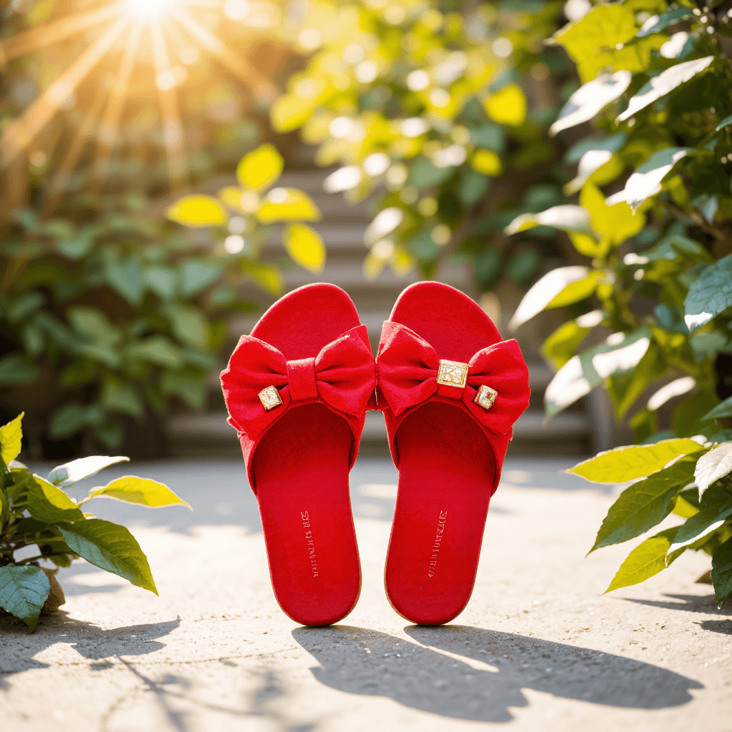 product photography of a pair of stylish sandals with decorative bows