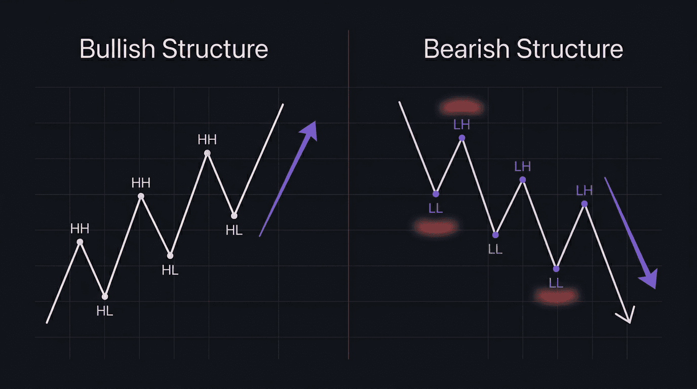 Side-by-side comparison of bullish market structure with higher highs and higher lows versus bearish structure with lower highs and lower lows