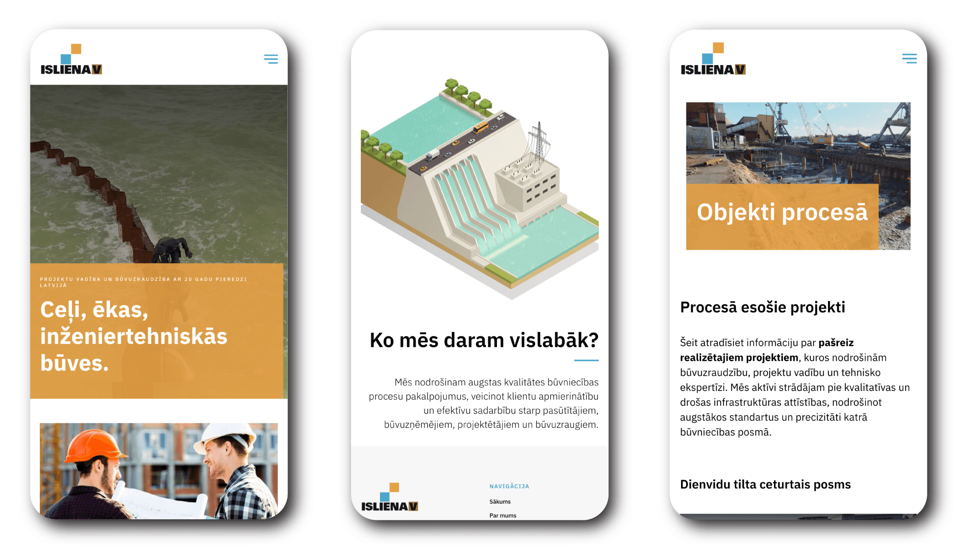 Isliena V website mobile responsive design showing homepage services and active projects sections