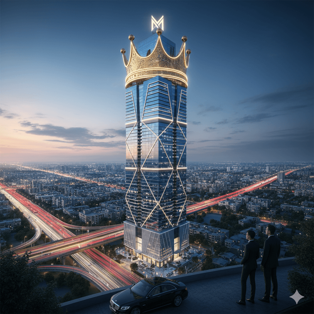 Iconic landmark commercial tower with a golden crown design overlooking a major highway.