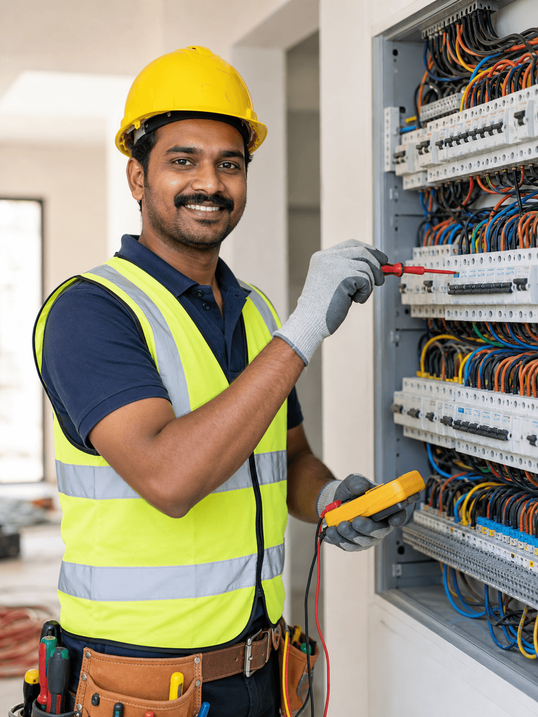 An electrician wearing a yellow hard hat