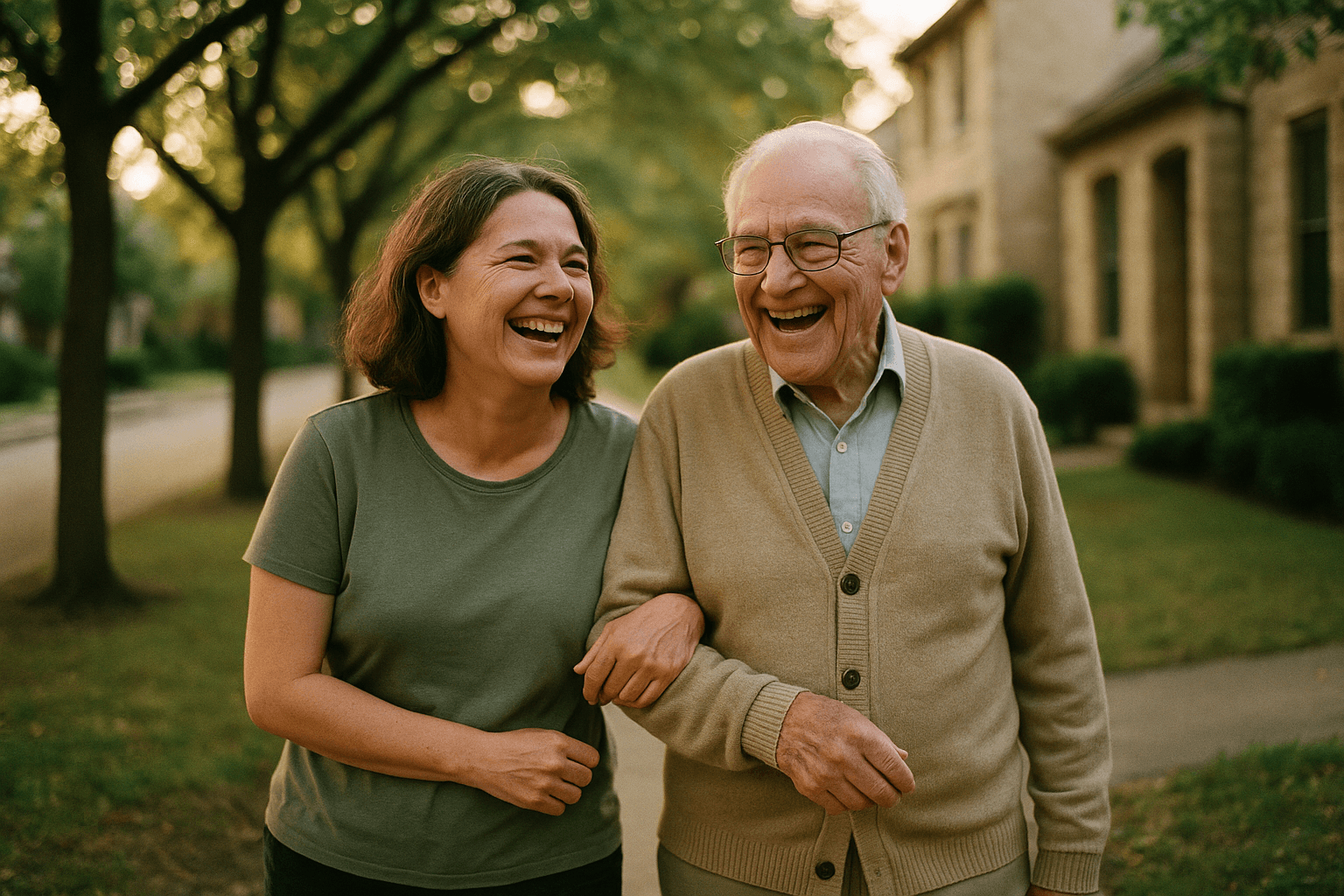 An adult daughter and her elderly father laugh together while walking arm in arm along a tree lined path at golden hour.