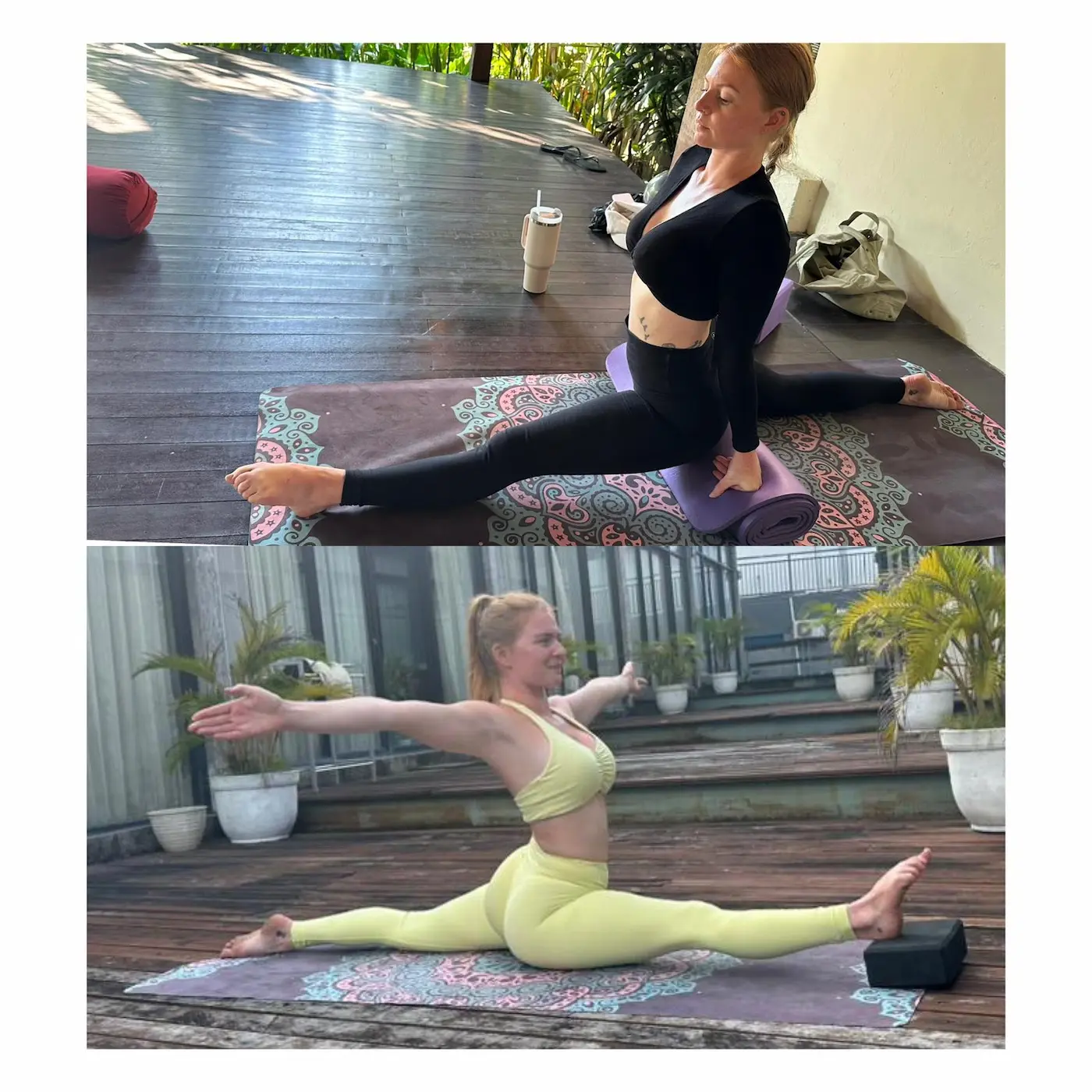Yoga student showing visible progress in front splits (Hanumanasana), moving from using props to a full expression of the pose.