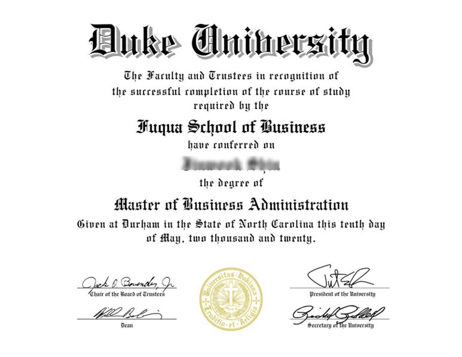 2020년 5월 더럼에서 수여된 듀크대 Fuqua MBA 졸업장