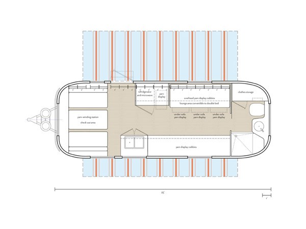 A top-down blueprint of a camper van layout shows various compartments including a camper winding station, check-out area, refrigerator, microwave, dishwasher, sink, toilet, clothes storage, and per-winding display. The camper van has light blue vertical stripes along its sides and a length of 85 inches.
