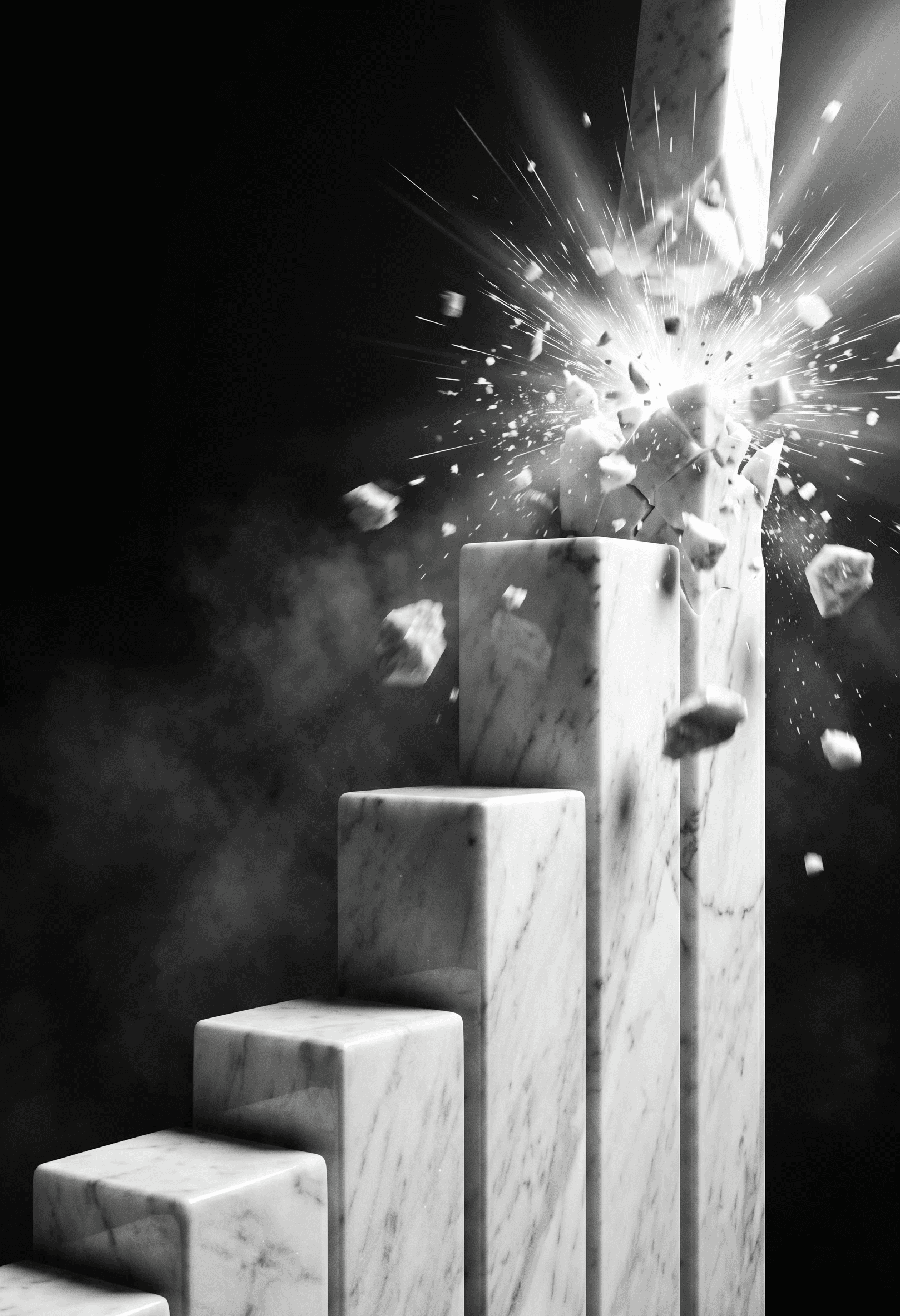 A dramatic high-contrast black and white photograph of five polished marble columns arranged as an ascending bar chart against a deep black background. The tallest column on the far right is violently shattering at its peak, erupting into a starburst of bright light, flying marble fragments, and smoke, symbolizing broken barriers or explosive growth.