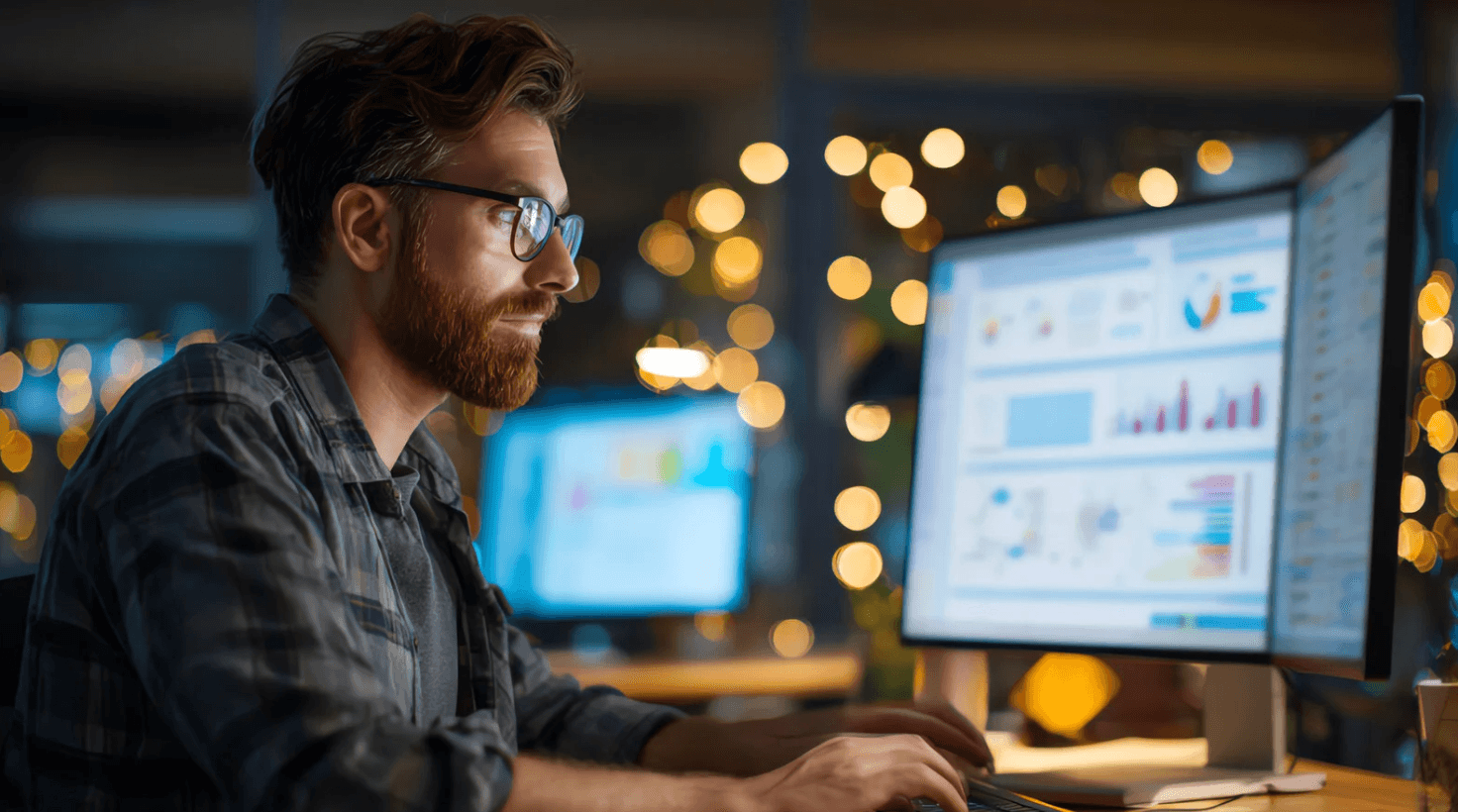 Amazon PPC specialist monitoring multiple ad campaigns including Sponsored Products, Sponsored Brands, and Sponsored Display on dual screens