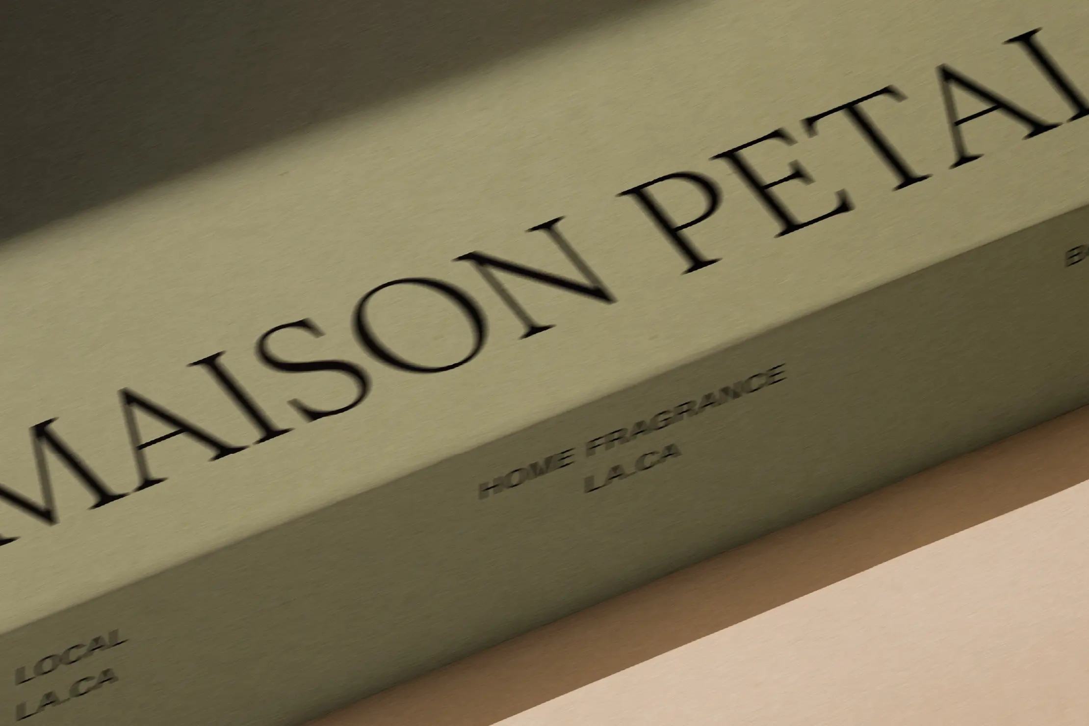 Packaging design for Maison Petal luxury home fragrance brand showing embossed typography on product box