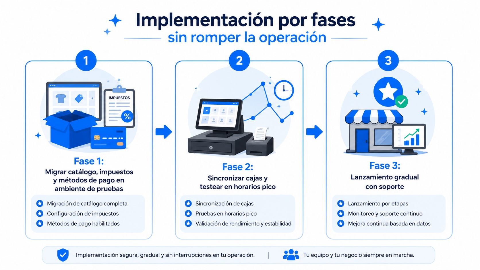 Diagrama de tres fases para la implementación gradual de un sistema punto de venta sin interrumpir la operación.