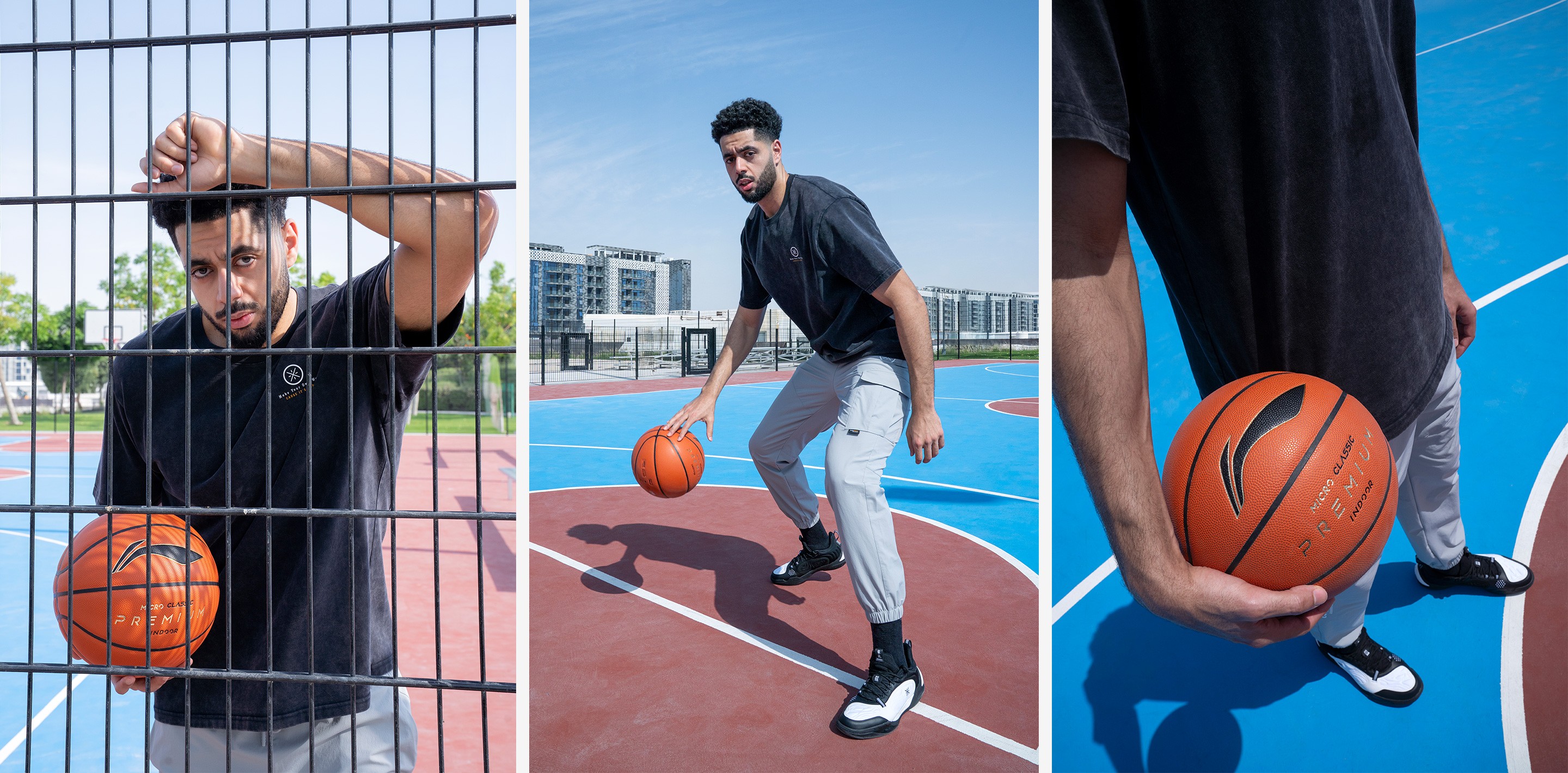 Three basketball shots: a man in a black Li-Ning tee with a Li-Ning ball on an outdoor court, in bright daylight.