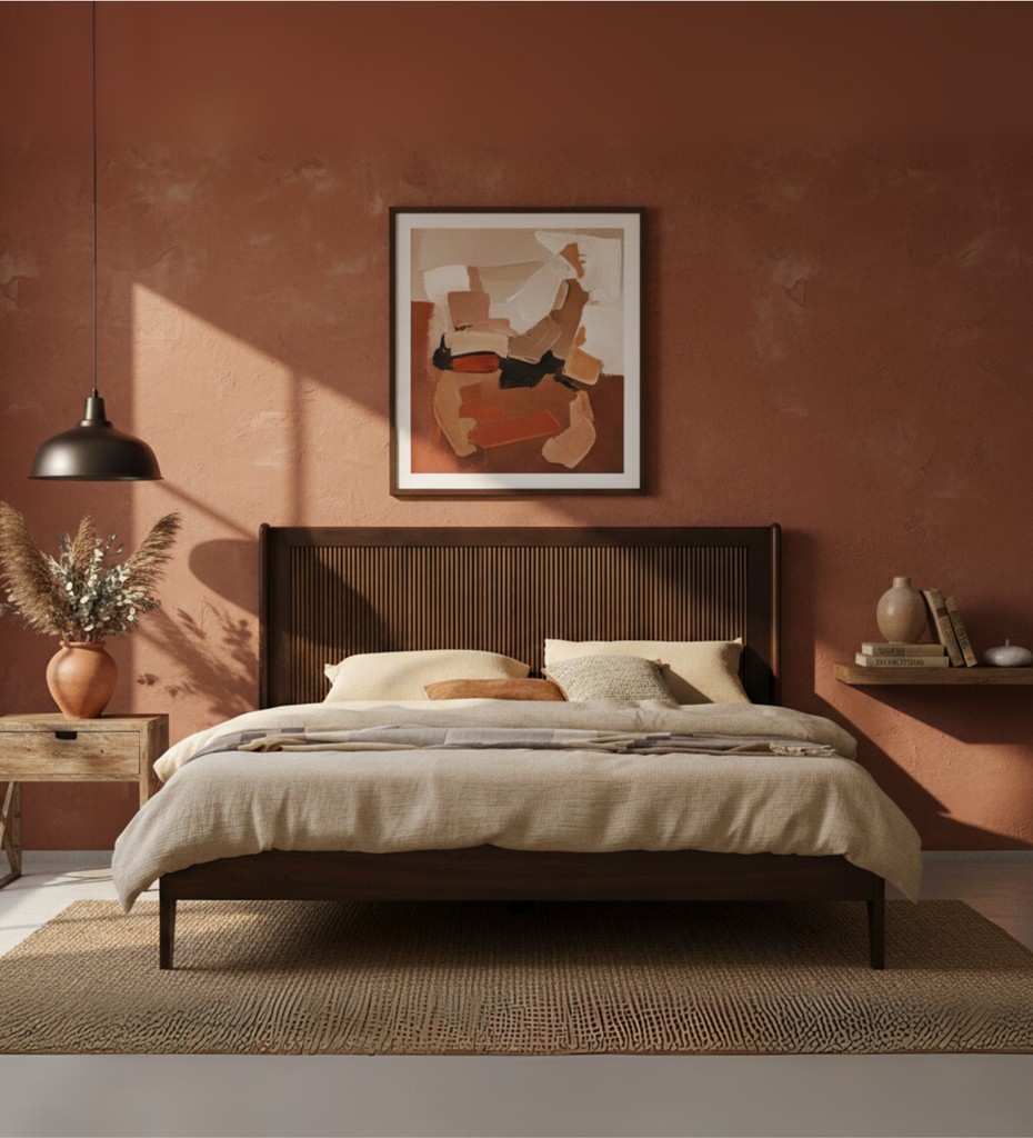 Upholstered wooden bed with paneled headboard, clean edges, and balanced proportions