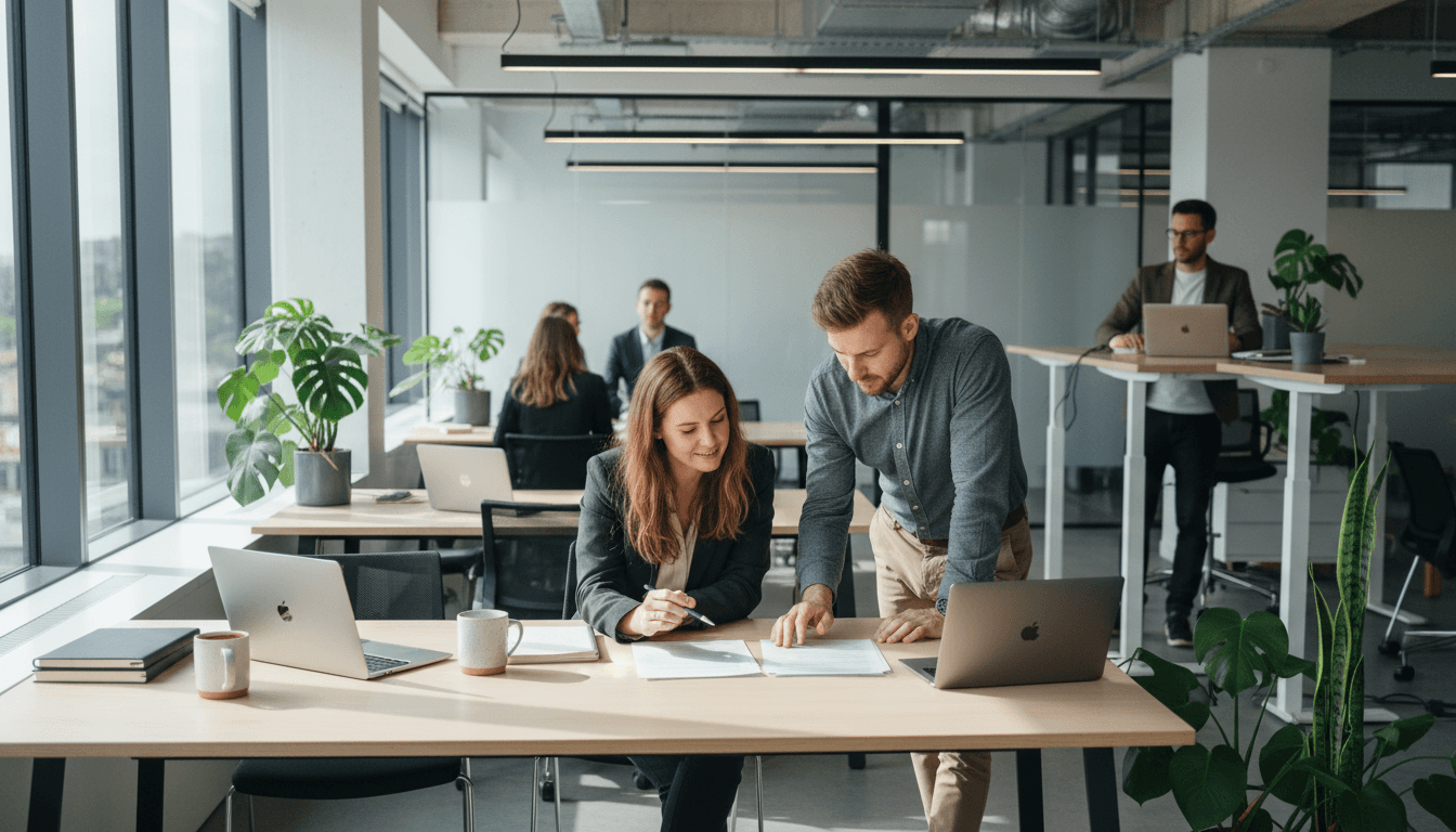 Illustration eines modernen Büroarbeitsplatzes mit digitalem Desk-Buchungssystem, Check-In-Button und Diskussion zwischen Manager und Betriebsrat, Symbole für Recht und Mitbestimmung im Hintergrund