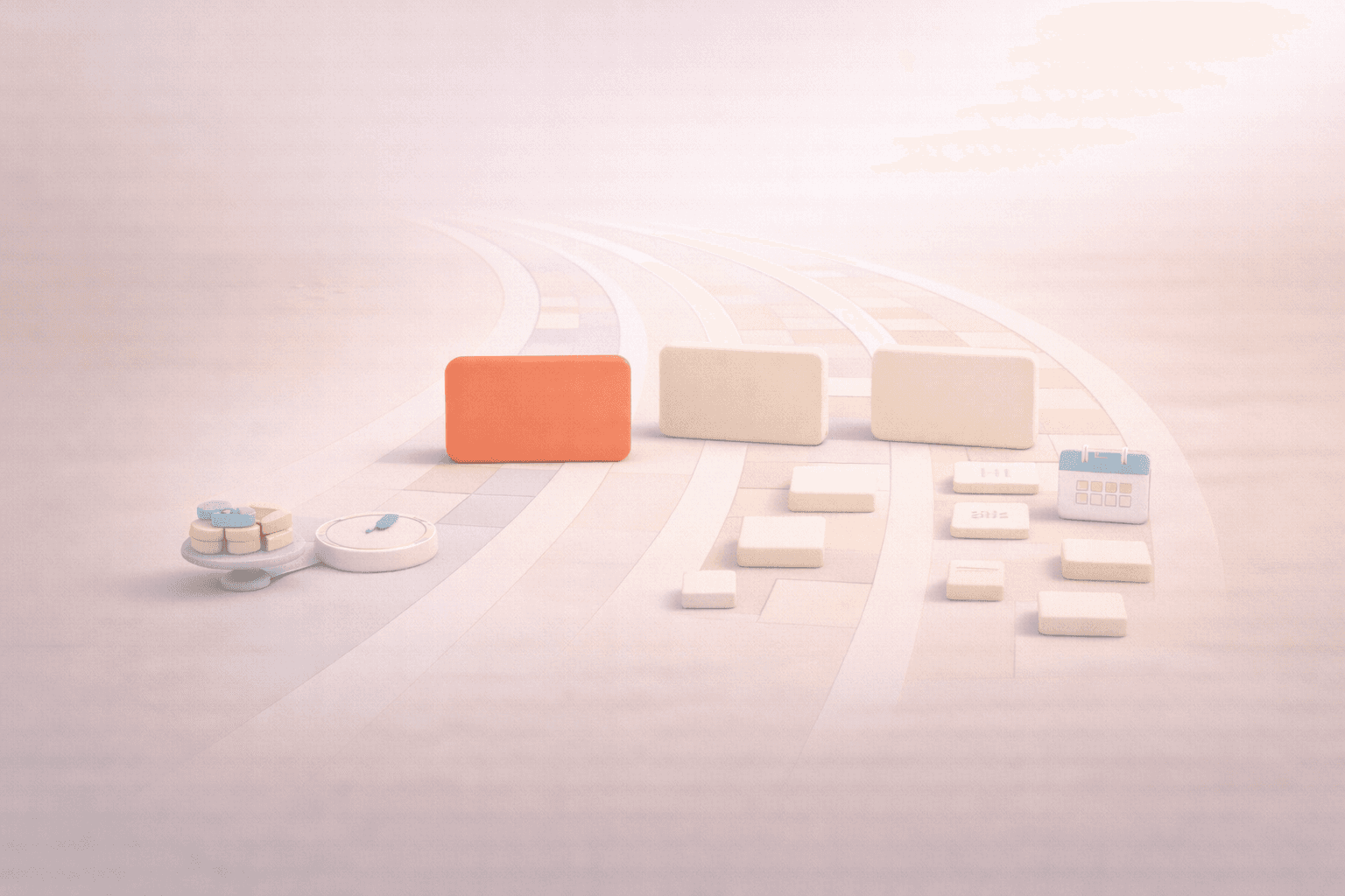 Minimalistische 3D-Illustration mit drei parallelen Planungswegen: links eine korallfarbene Fokuskarte auf einem klaren, reduzierten Pfad, daneben zwei helle Karten auf strukturierten und stärker ausgestatteten Pfaden; ergänzt durch dezente Symbole wie Timer, Kalender, Wertanzeige und Aufgabenblöcke, die unterschiedliche Ansätze von Priorisierung, geführter Planung und automatisiertem Scheduling darstellen.
