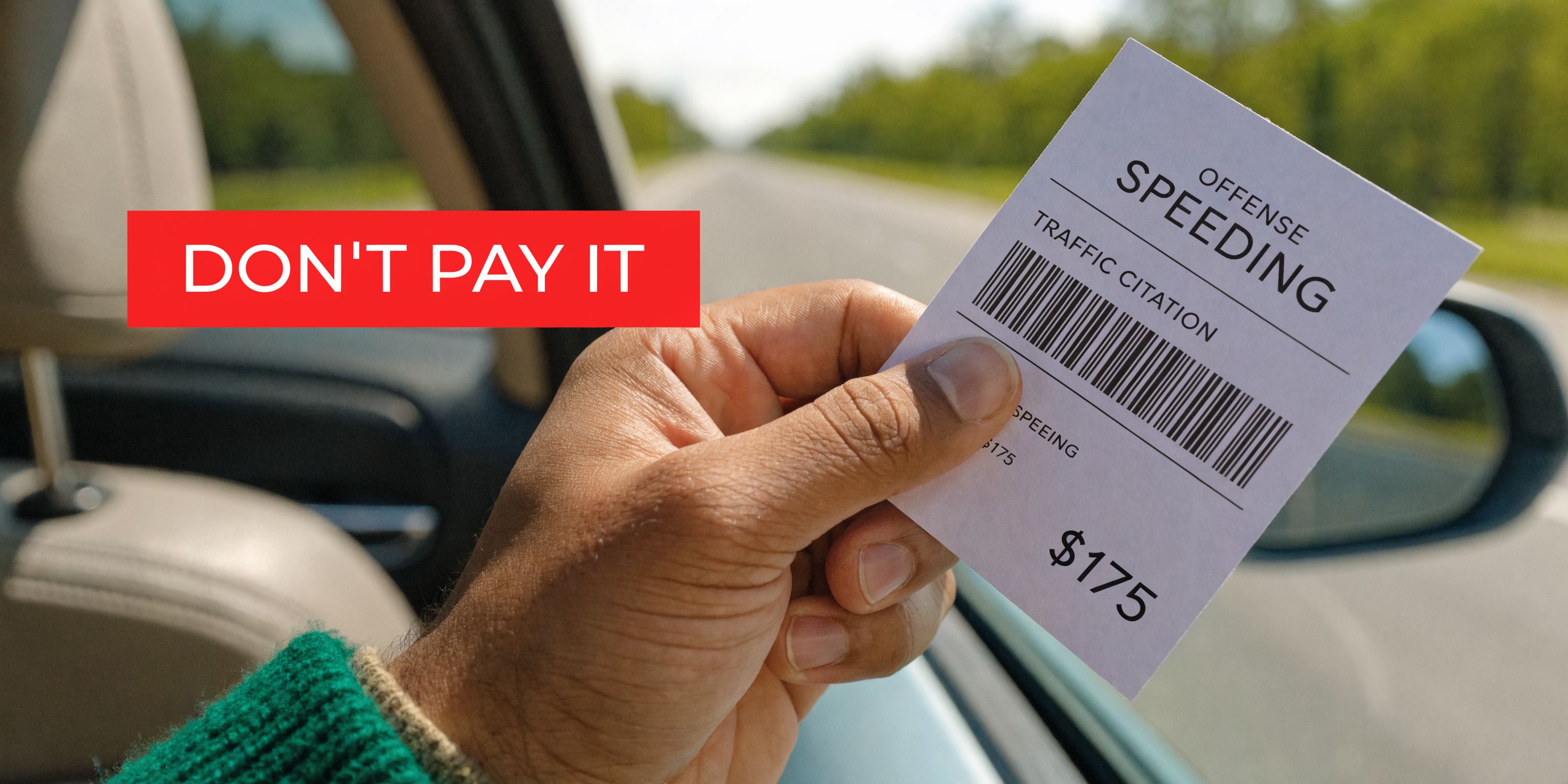 A person holding a fake speeding citation paper inside a car with a red Don't Pay It sign.