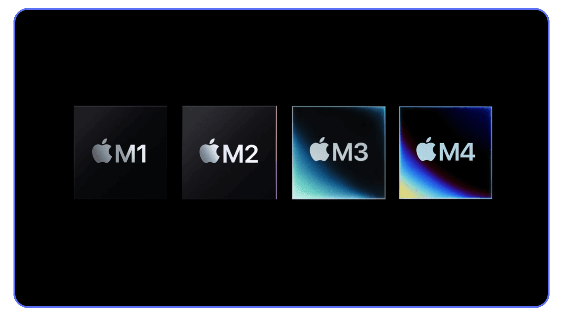 Apple Silicon chip lineup including M1, M2, M3, and M4 processors displayed side by side.